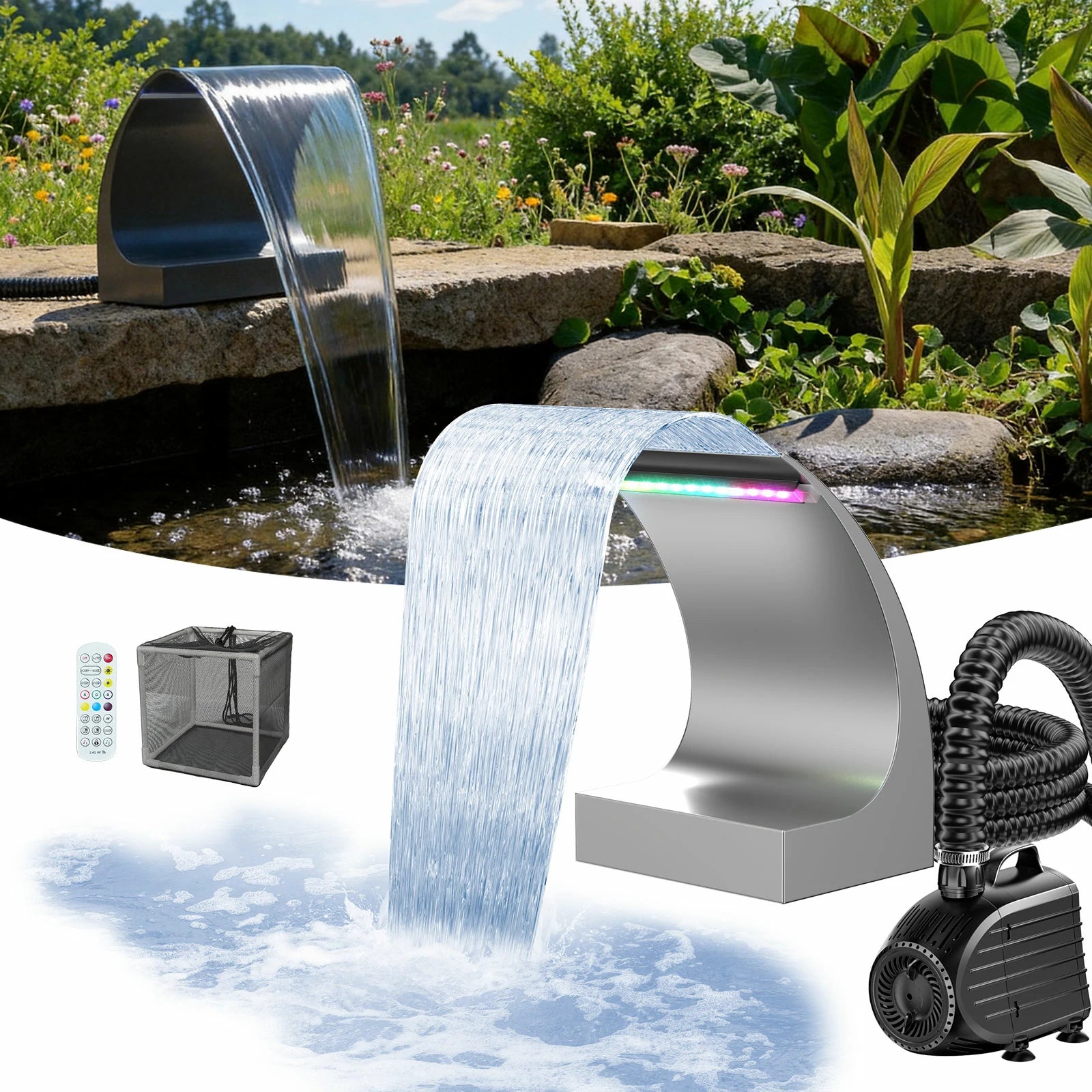80W 1200GPH Waterfall Pump Kit with 8" C-Shaped Spillway & Light