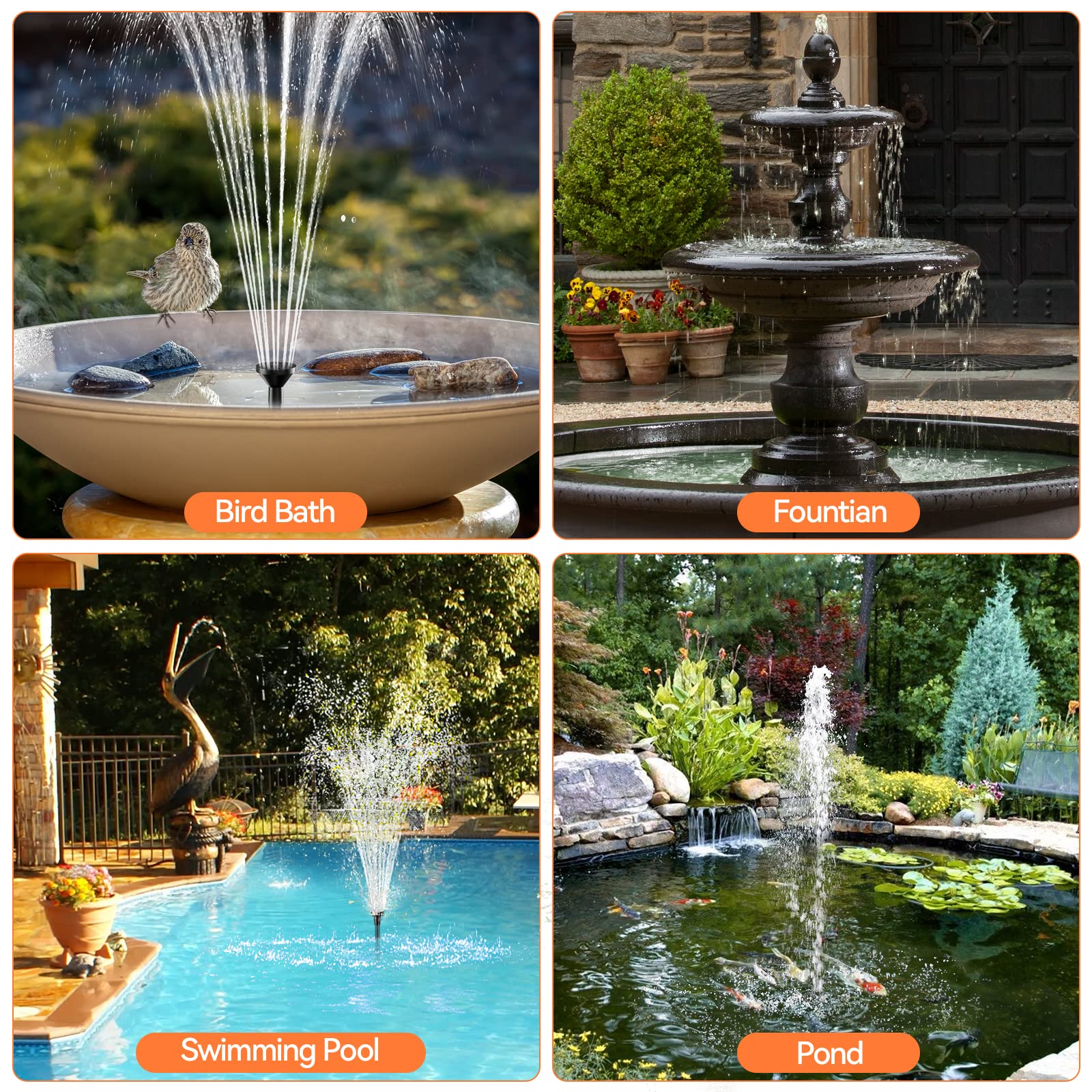 20W 320GPH Multiple Protection Fountain Pump for biard bath, fountain, swimming pool and pond