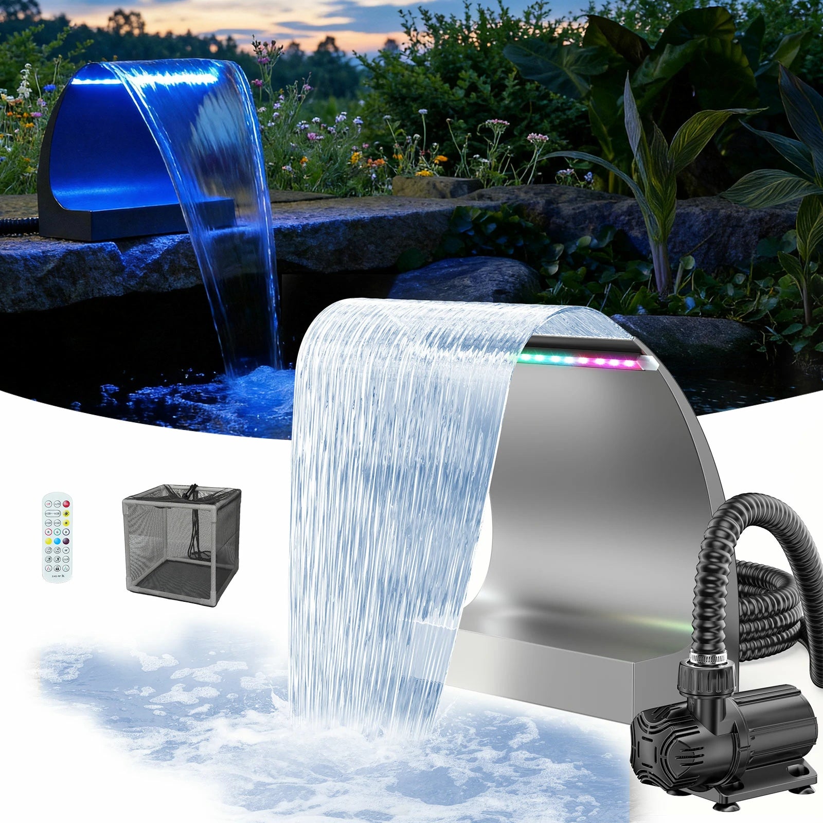 65W 1600GPH Waterfall Pump Kit with 12" C-Shaped Spillway & Light