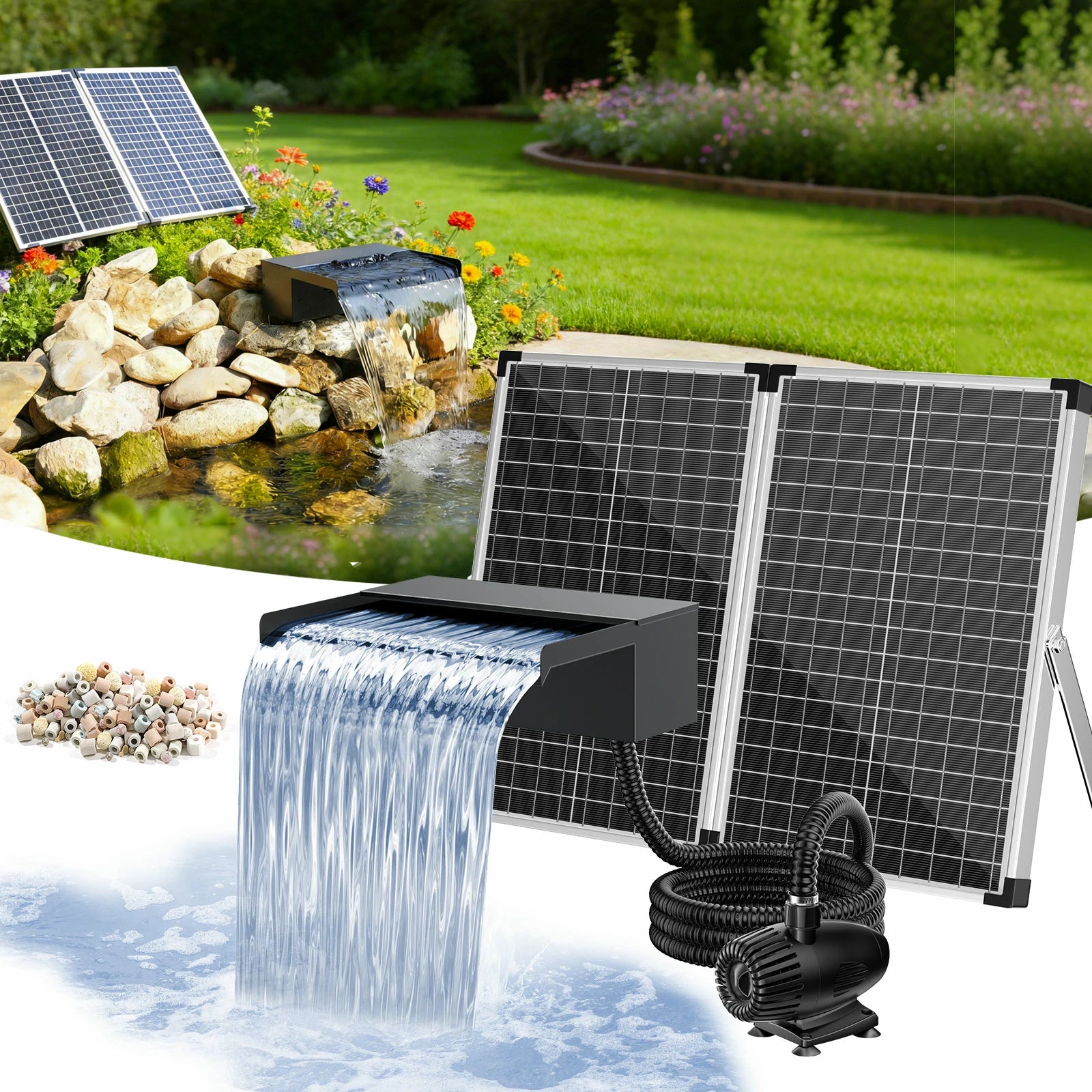 55W 580GPH Solar Waterfall Pump Kit with 8" Spillway