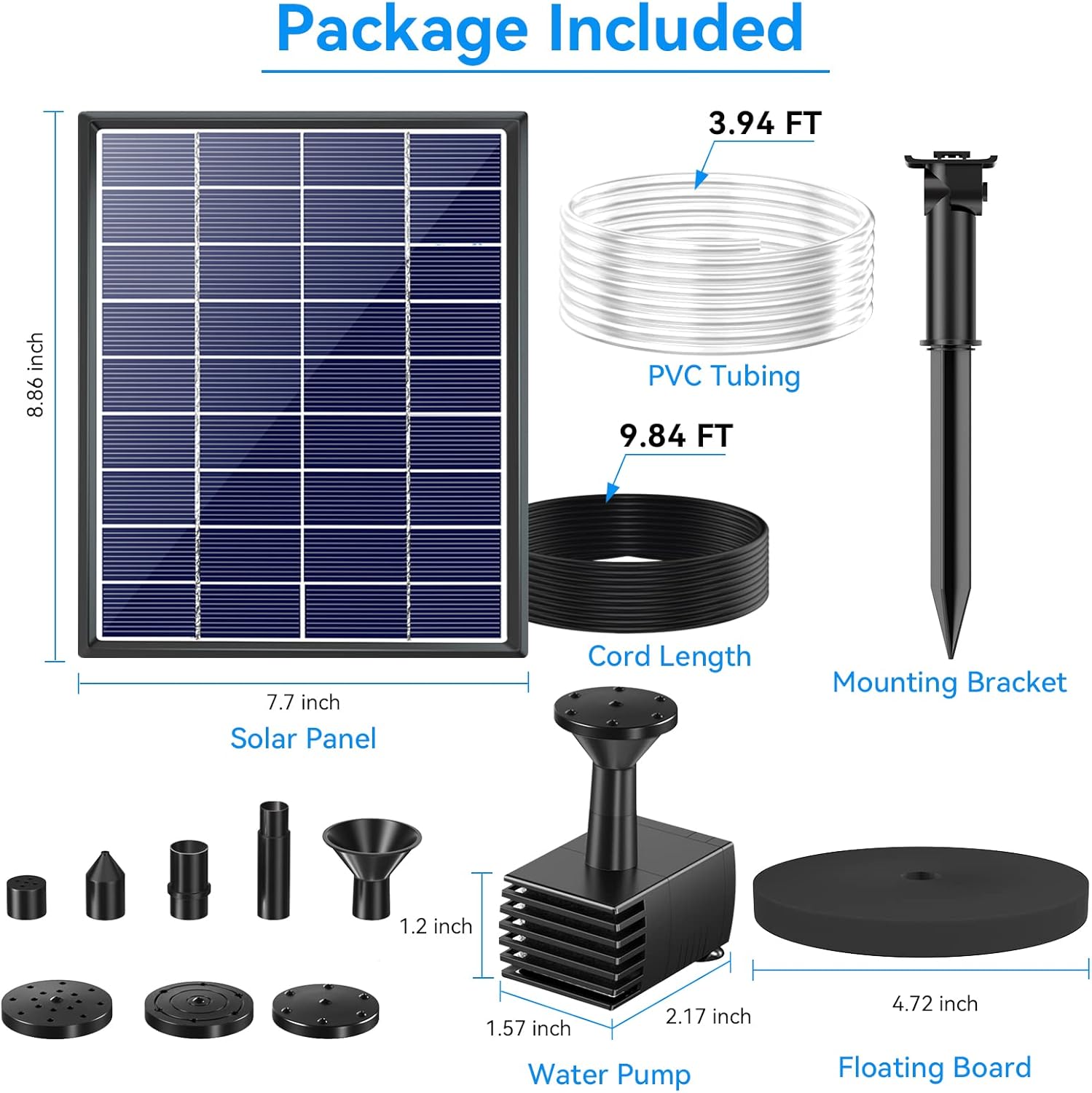 6W Solar Water Fountain Pump - 60GPH, 5 Various Nozzles Package Included