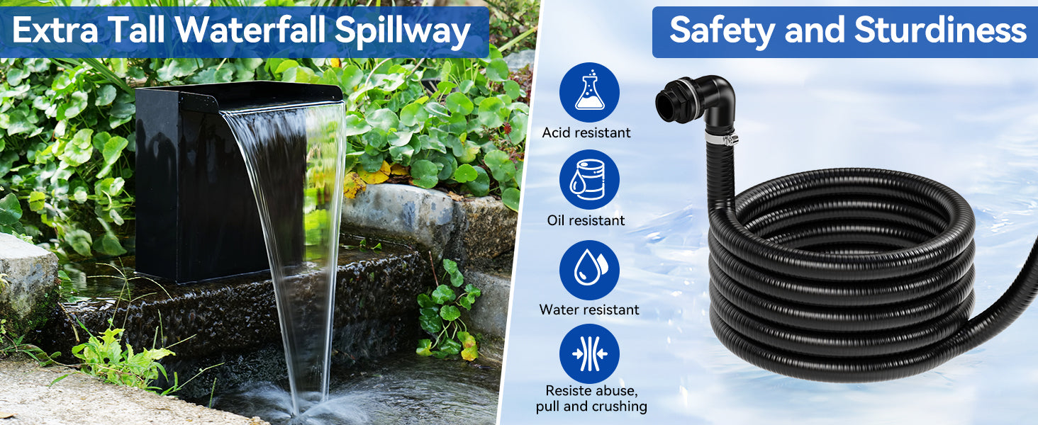 Extra Tall Waterfall Spillway with Robust Hose for Durability