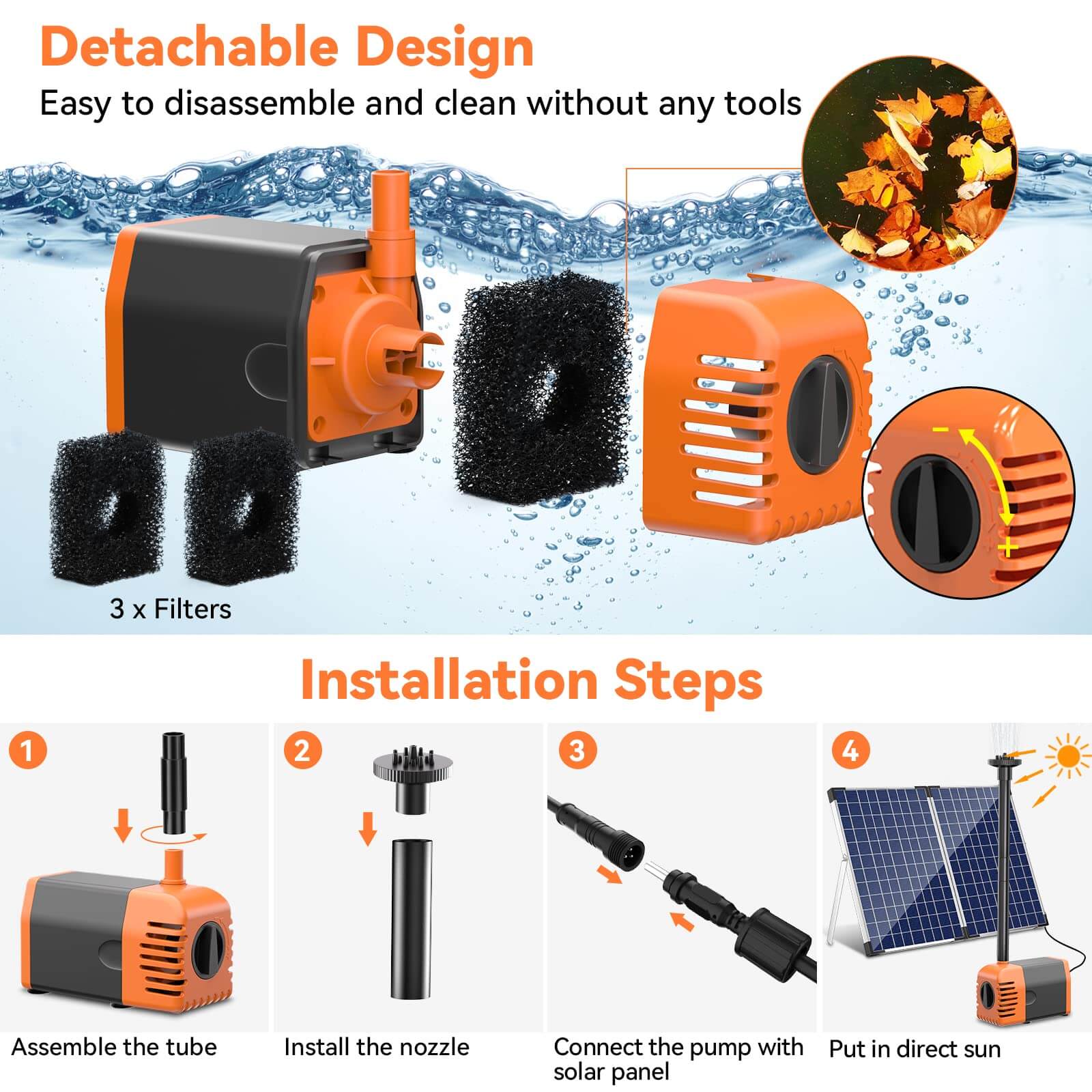 35W 340GPH Solar Water Fountain Pump (Orange)
