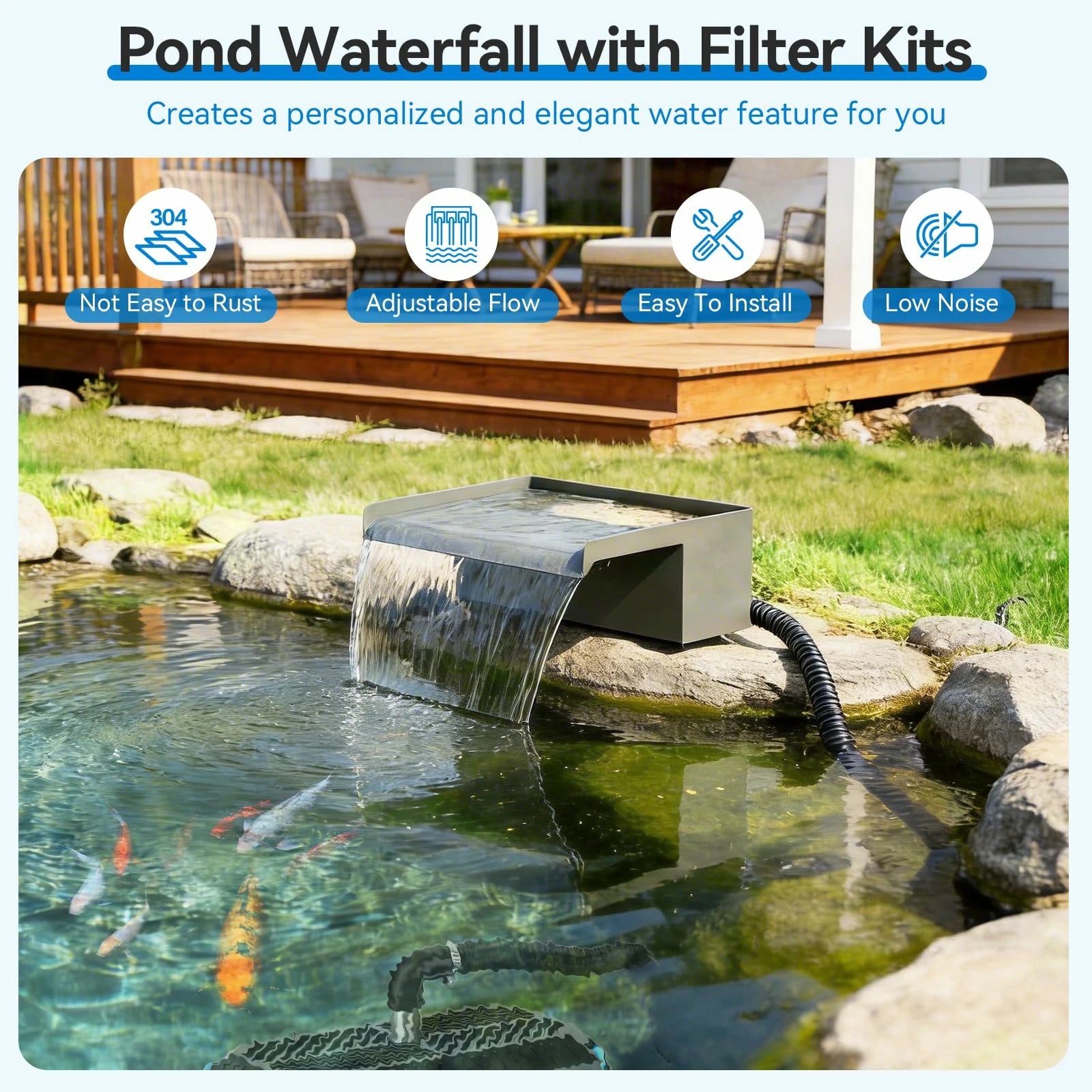 40W 660GPH Waterfall Pump Kit with 12" Spillway & Pond Filter (LED)