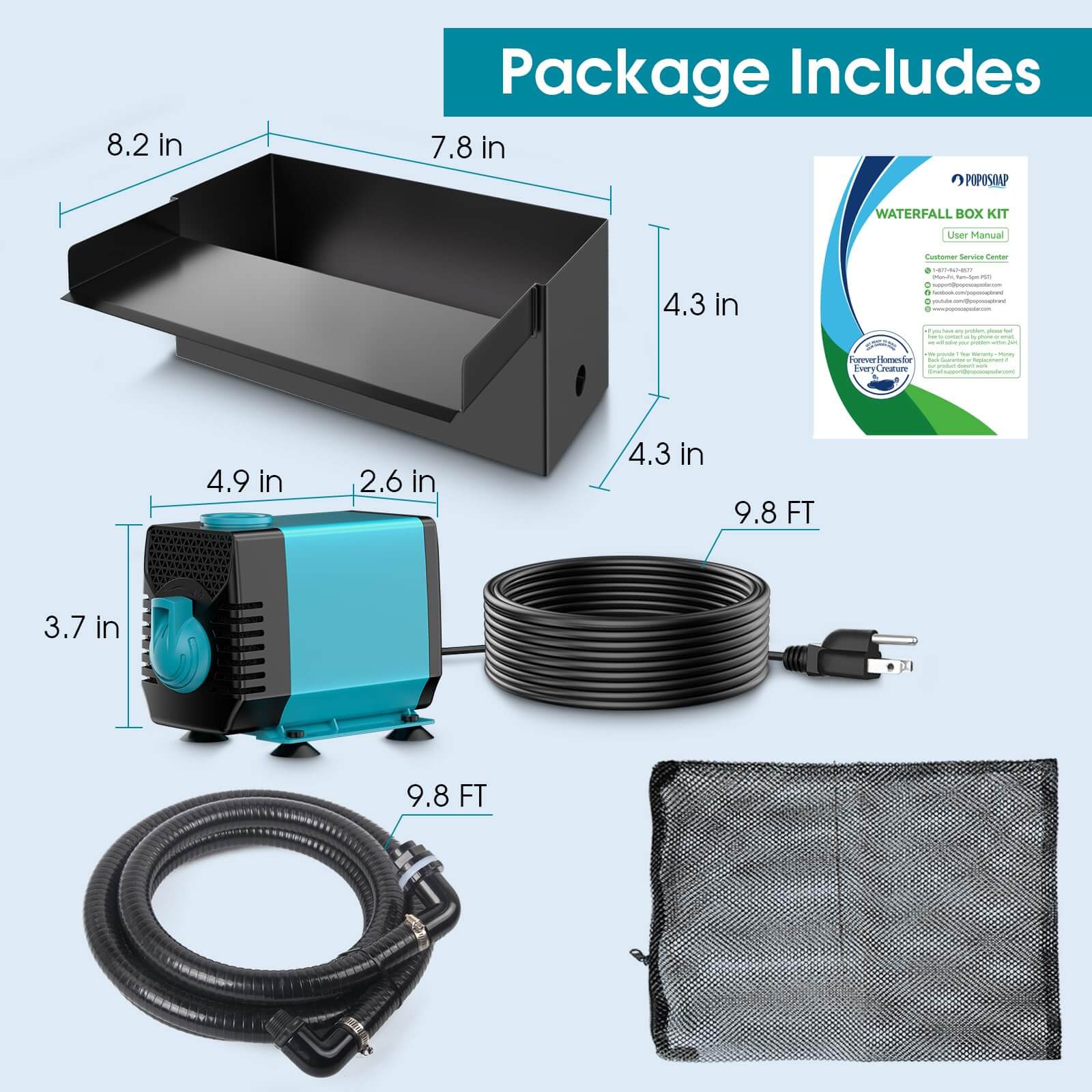 40W 660GPH Electric Waterfall Pump Kit with 8"x4.3" Spillway