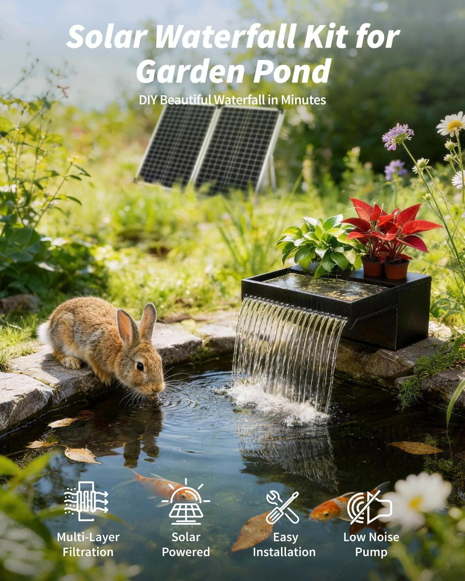 70W 680GPH Solar Waterfall Pump Kit with 12" Spray Spillway