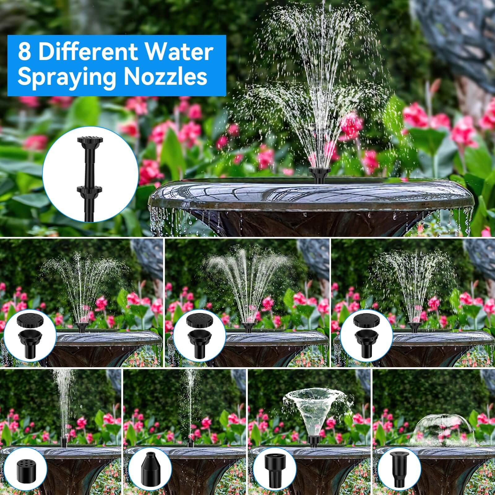 6.5W 80GPH Solar Birdbath Fountain Pump with 3000mAh Battery