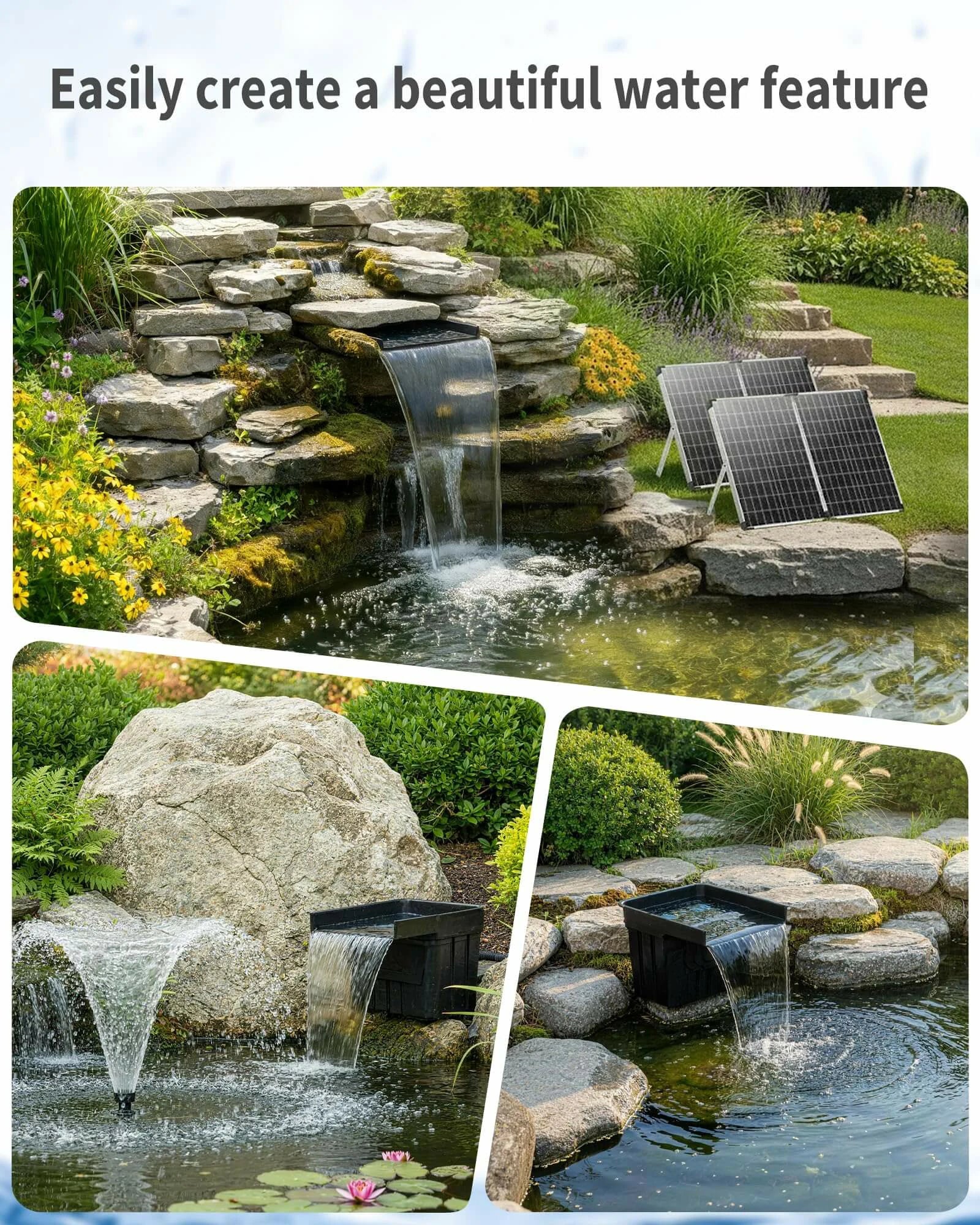 100W 1200GPH Solar Waterfall Pump Kit with 12.6"x15" Spillway