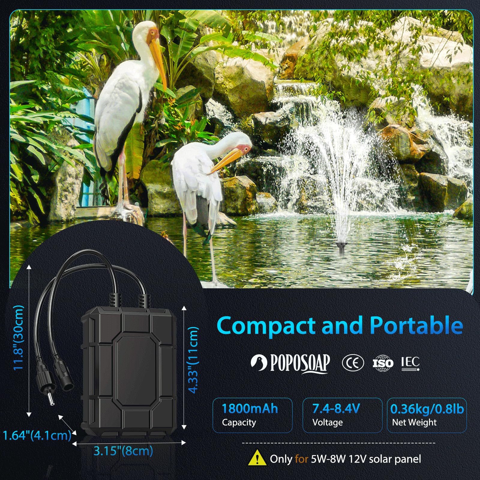 1800mAh Battery Backup for 6W/6.5W/8W Solar Fountain Pump