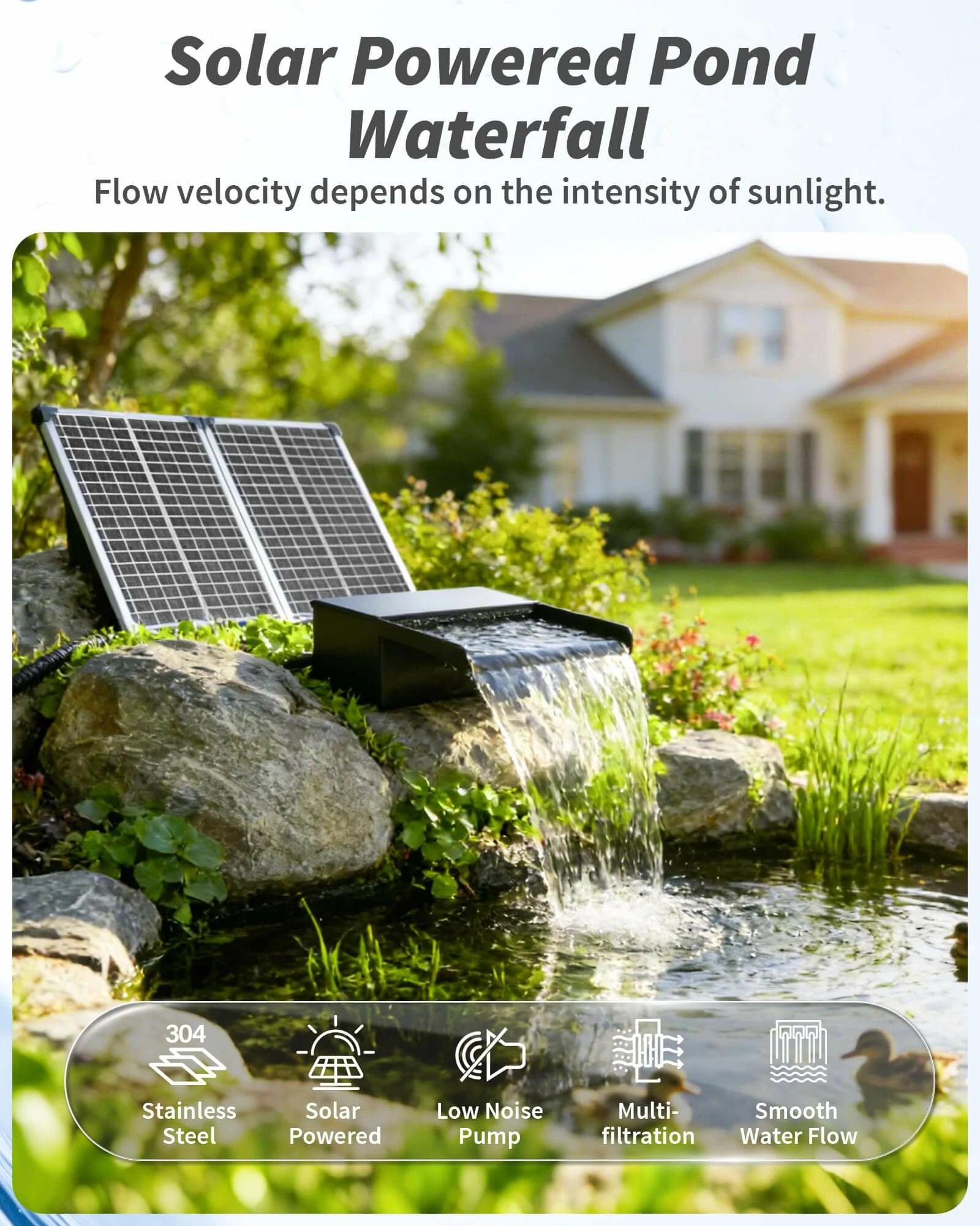 70W Solar Pond Waterfall Spillway with Fountain Pump