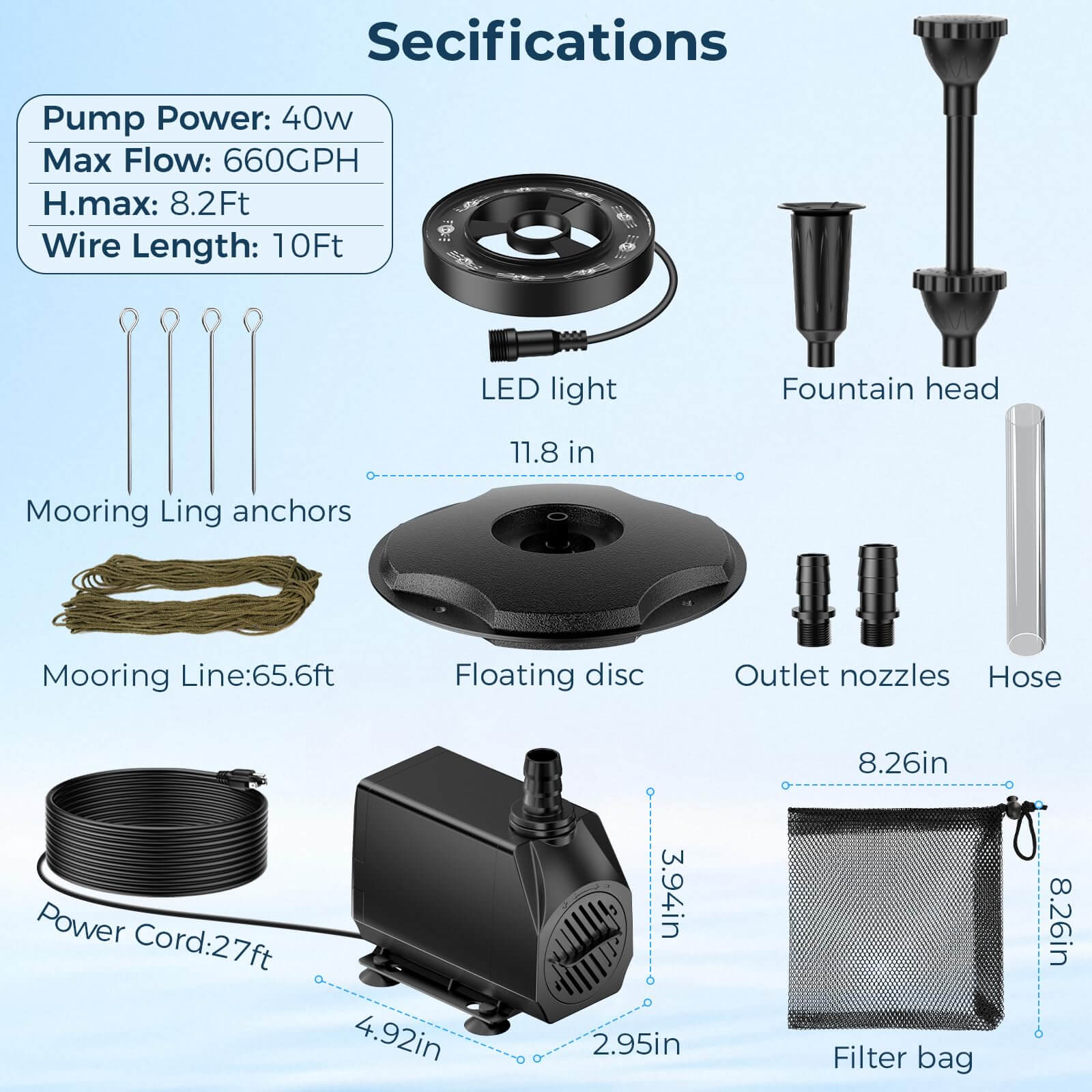 45W 660GPH Floating Fountain with LED Light