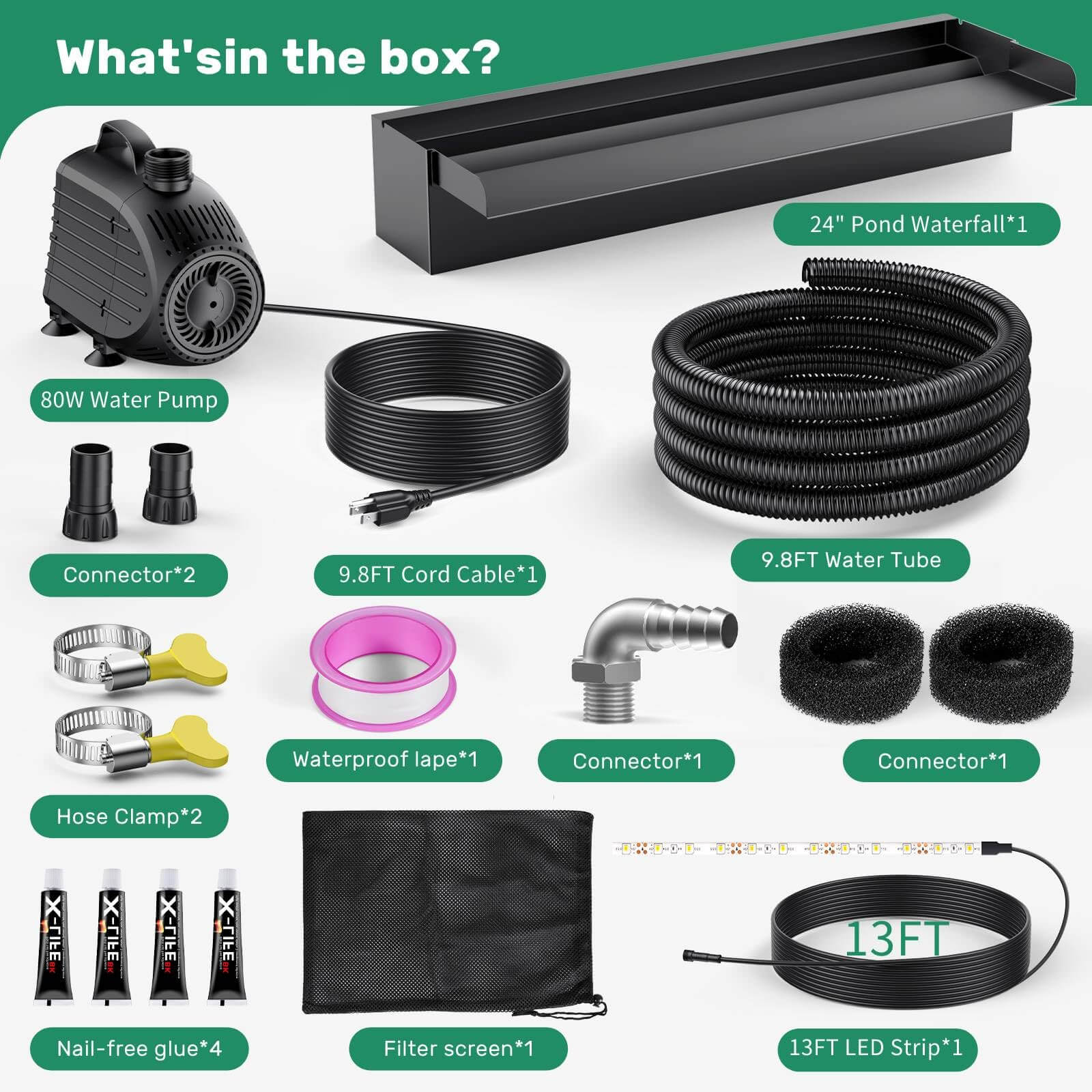 80W 1200GPH Electric Waterfall Pump Kit with 24"x4.3" Spillway (LED)