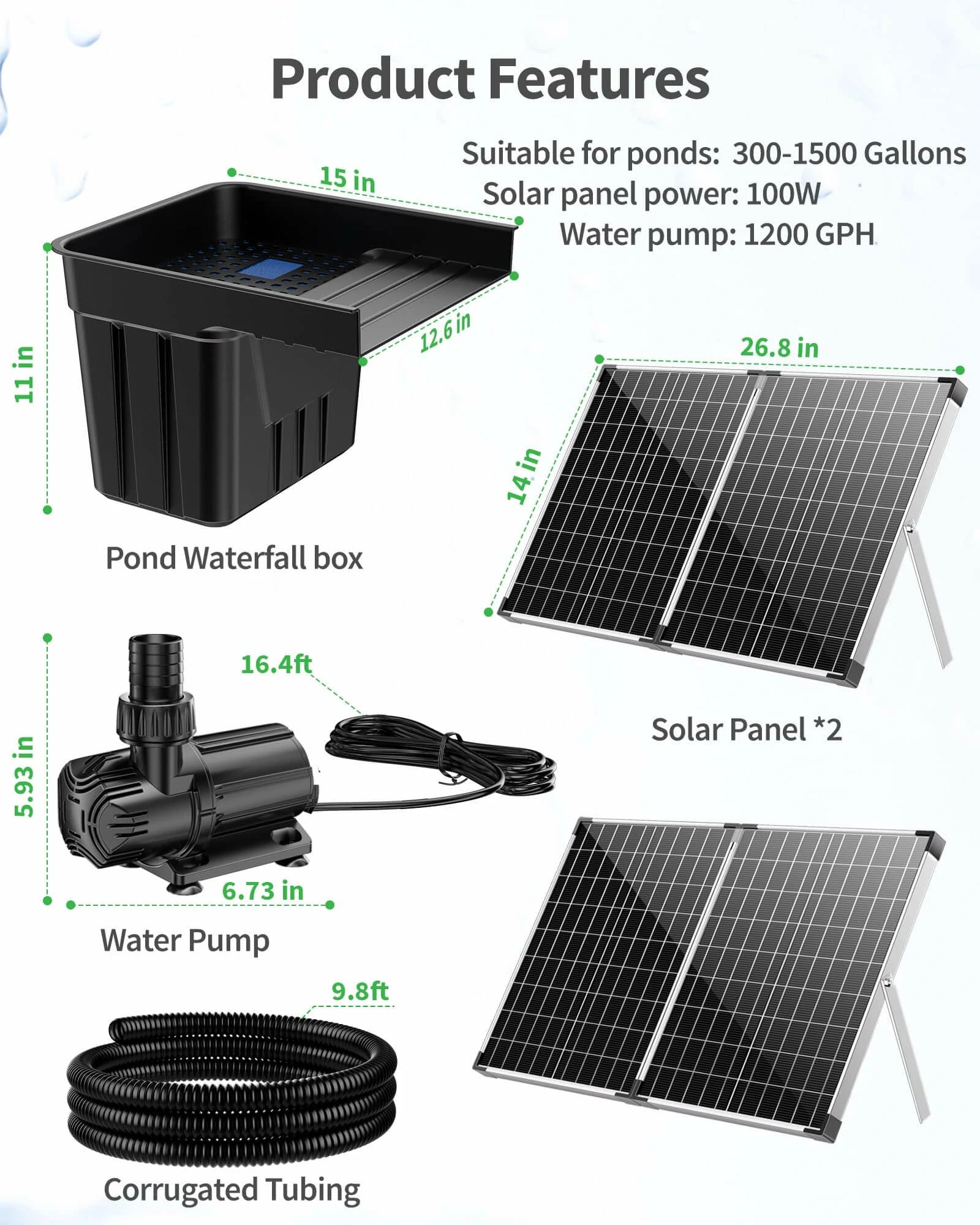 100W 1200GPH Solar Waterfall Pump Kit with 12.6"x15" Spillway