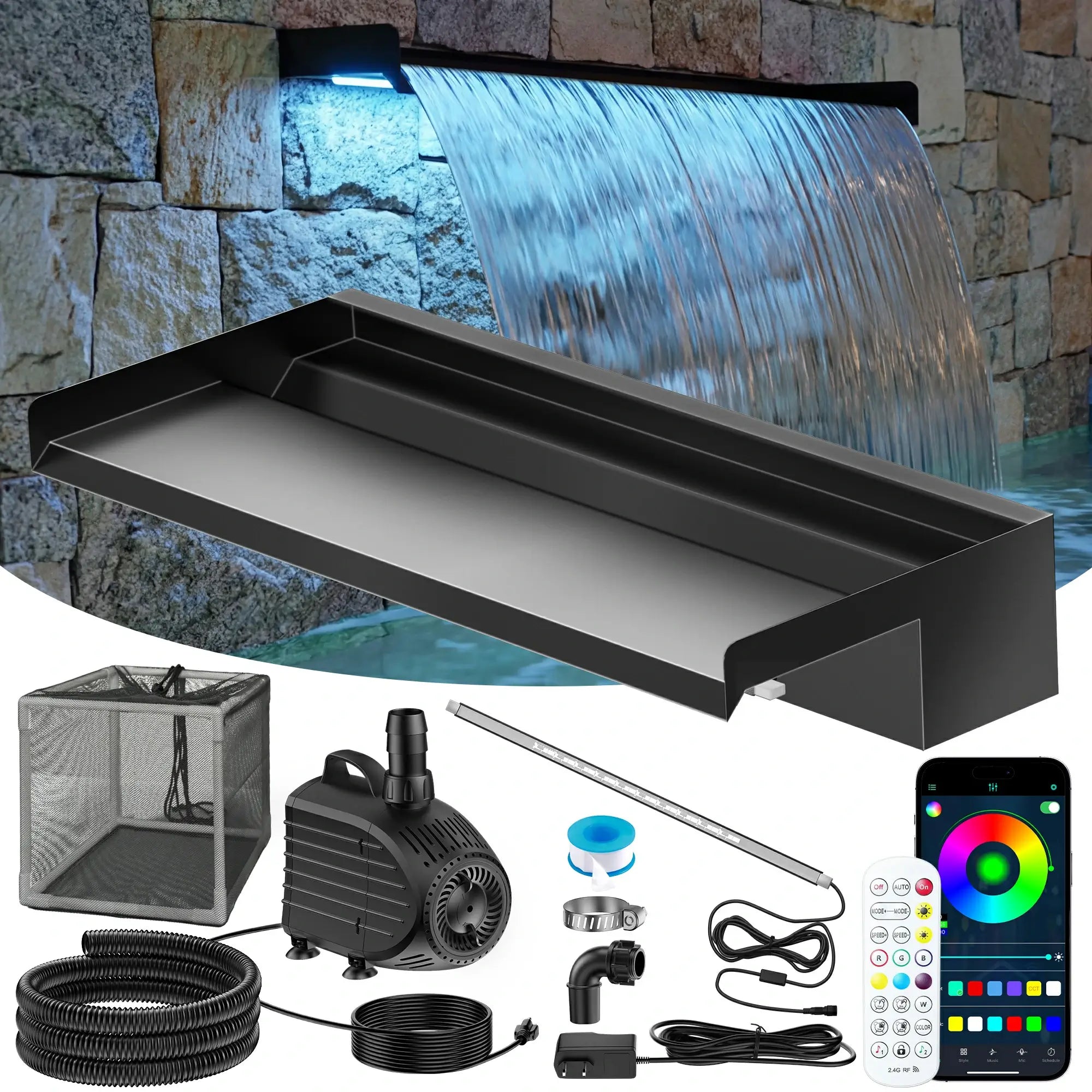 80W 1200GPH Waterfall Pump Kit with 24" Spillway & Light