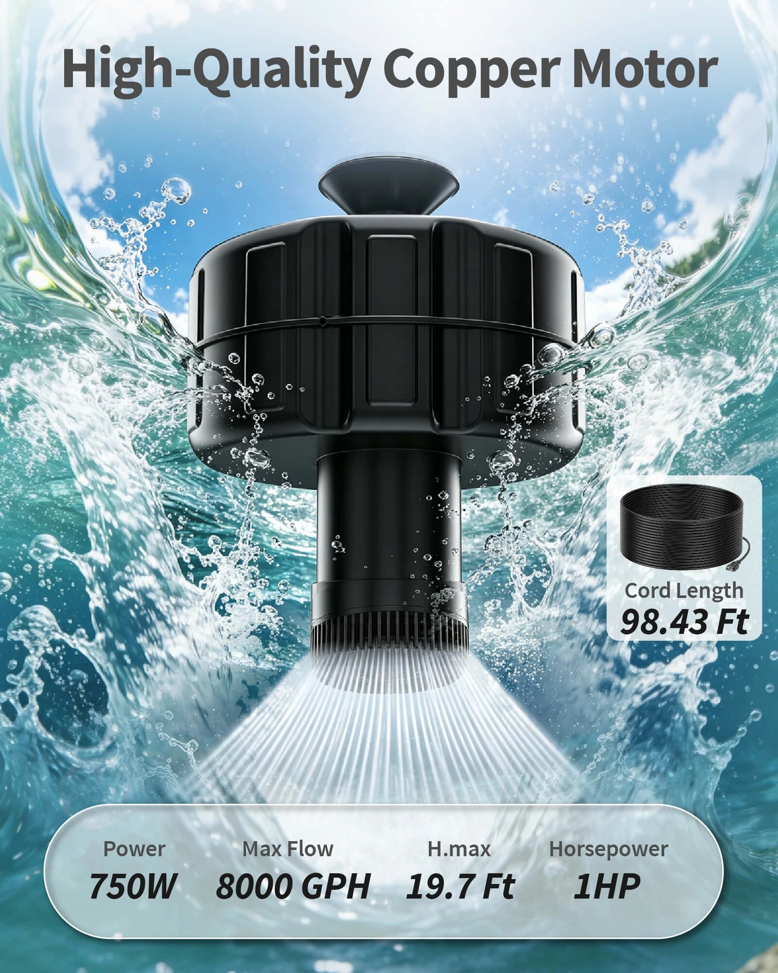 750W 8000GPH Pond Fountain Aerator with Smart Timer