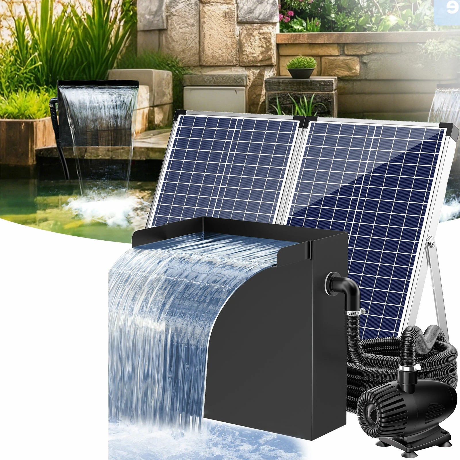 55W 580GPH Solar Waterfall Pump Kit with 8"x13.4" Spillway