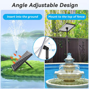 25W Solar Water Fountain Pump - 410GPH Adjustable Flow, 4 Sprayers angle adjustable design