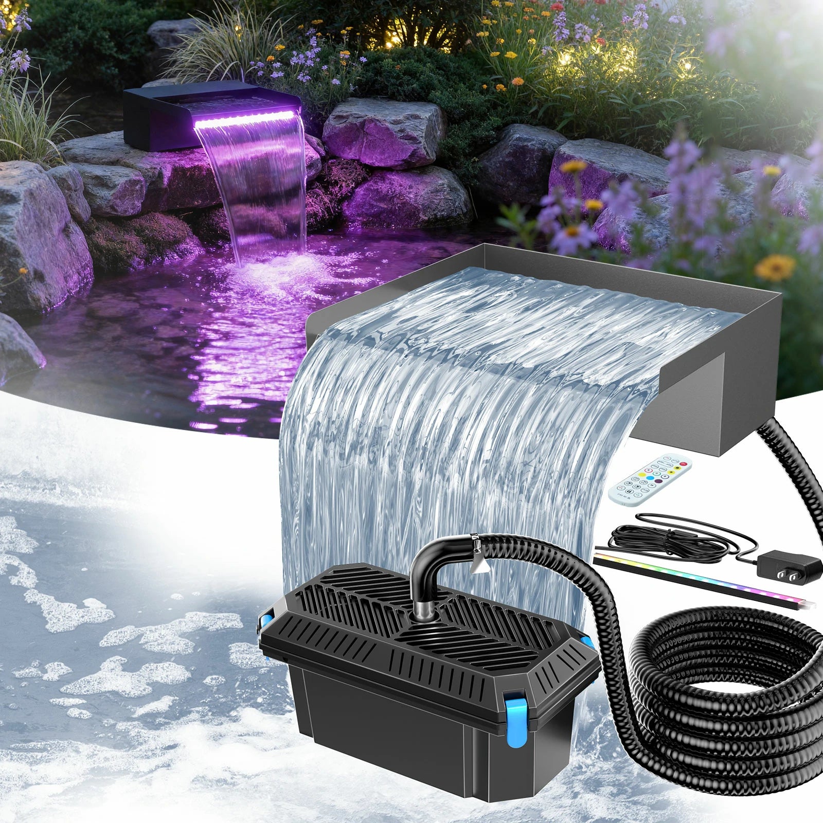 40W 660GPH Waterfall Pump Kit with 12" Spillway & Pond  Filter (LED)
