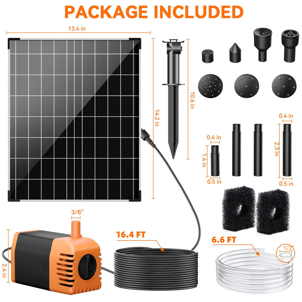 30W 450GPH Solar Water Fountain Pump (Orange) Package Included