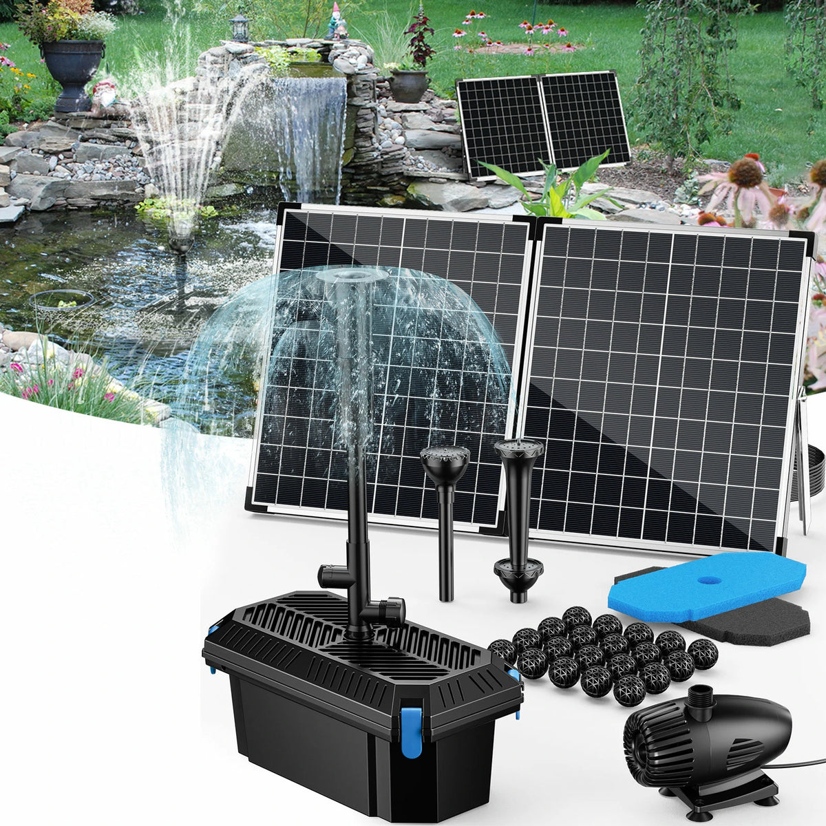 55W Solar Pond Pump and Filter Combo 580GPH | Solar Pond Filter Kit