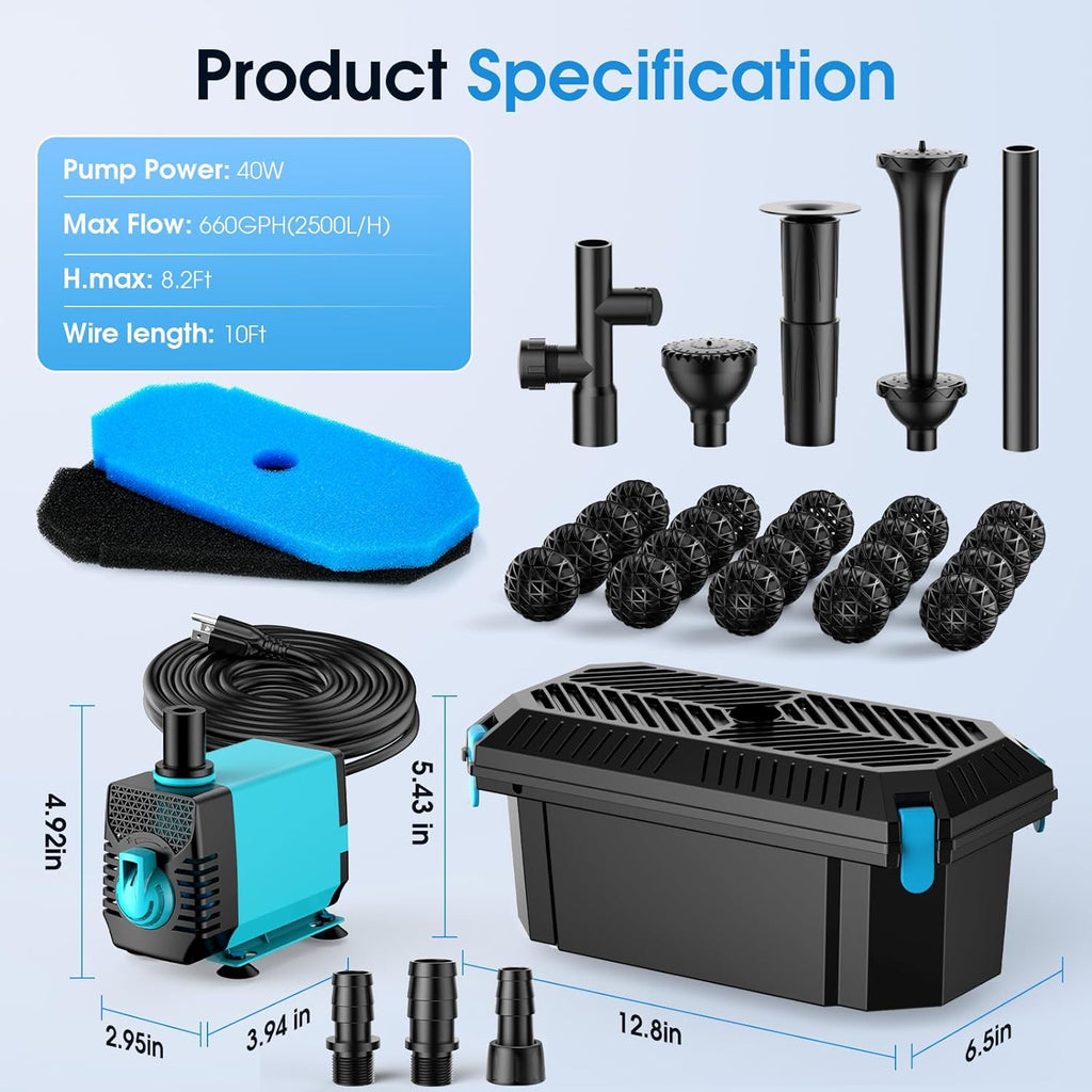 40W 660GPH AC Pond Filtration & Fountain Kit Package Included