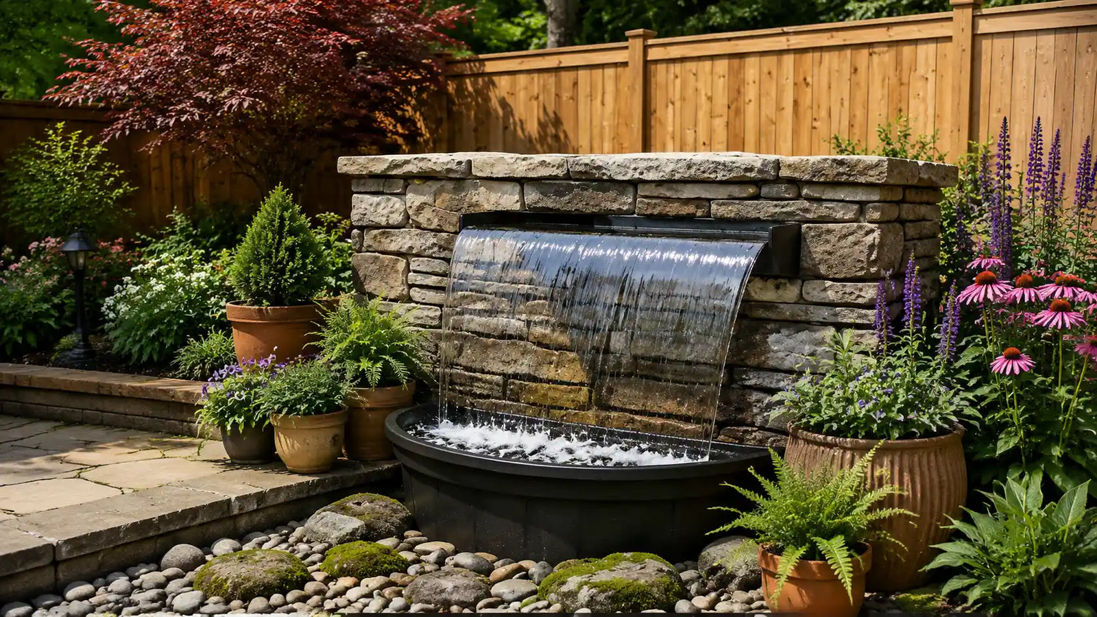 63W 1600GPH pondless waterfall kit in daytime garden, stacked stone wall wide spillway with clear cascading water, surrounded by potted ferns, purple coneflowers and shrubs, hidden pebble basin zero-pond landscape feature