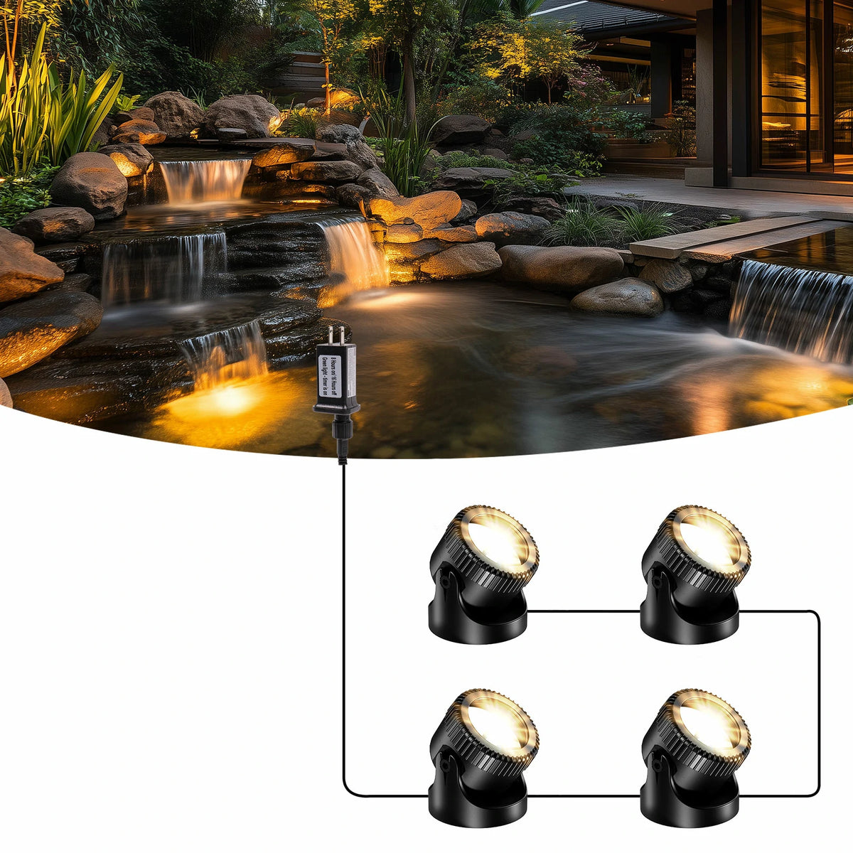 4-Head Warm White LED Lights for Ponds | LED Pond Lights Submersible
