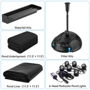 7′ x 7′ Pond Starter Kit | 5-in-1 Filter, Waterfall, Lights, Pond Liner & Underlayment