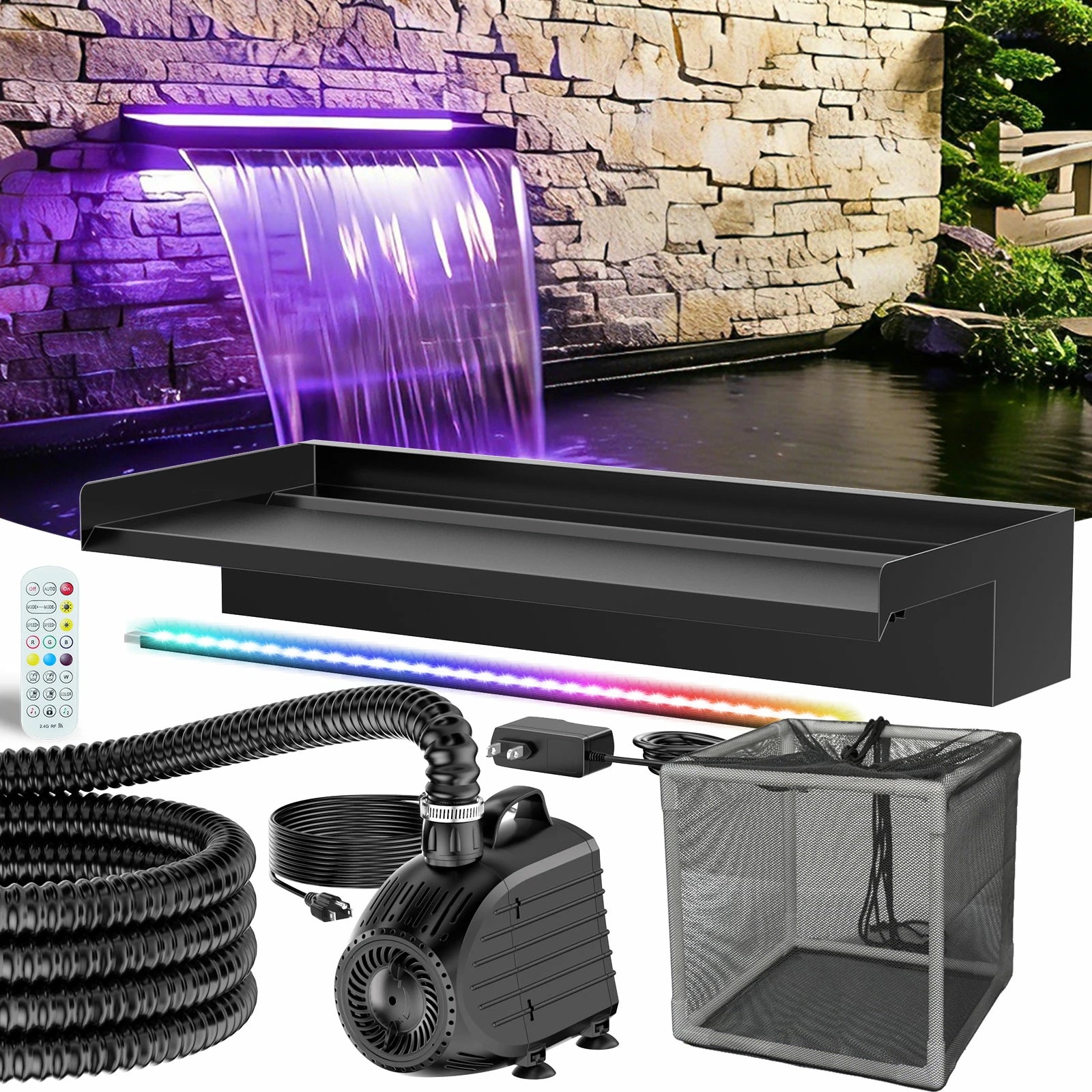 80W 1200GPH Waterfall Pump Kit with 24" Spillway & Light