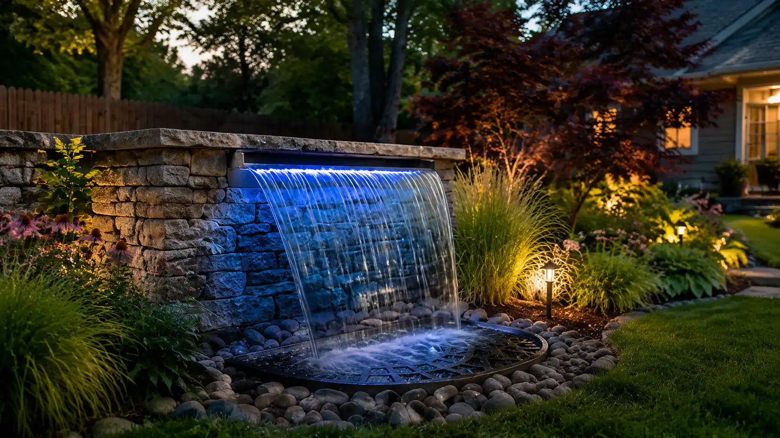 Illuminated night scene of LED pondless waterfall kit, blue lit water curtain on stacked stone wall, dusk backyard landscaping with warm garden spotlights, ornamental grasses and mixed foliage, glowing zero-pond water feature