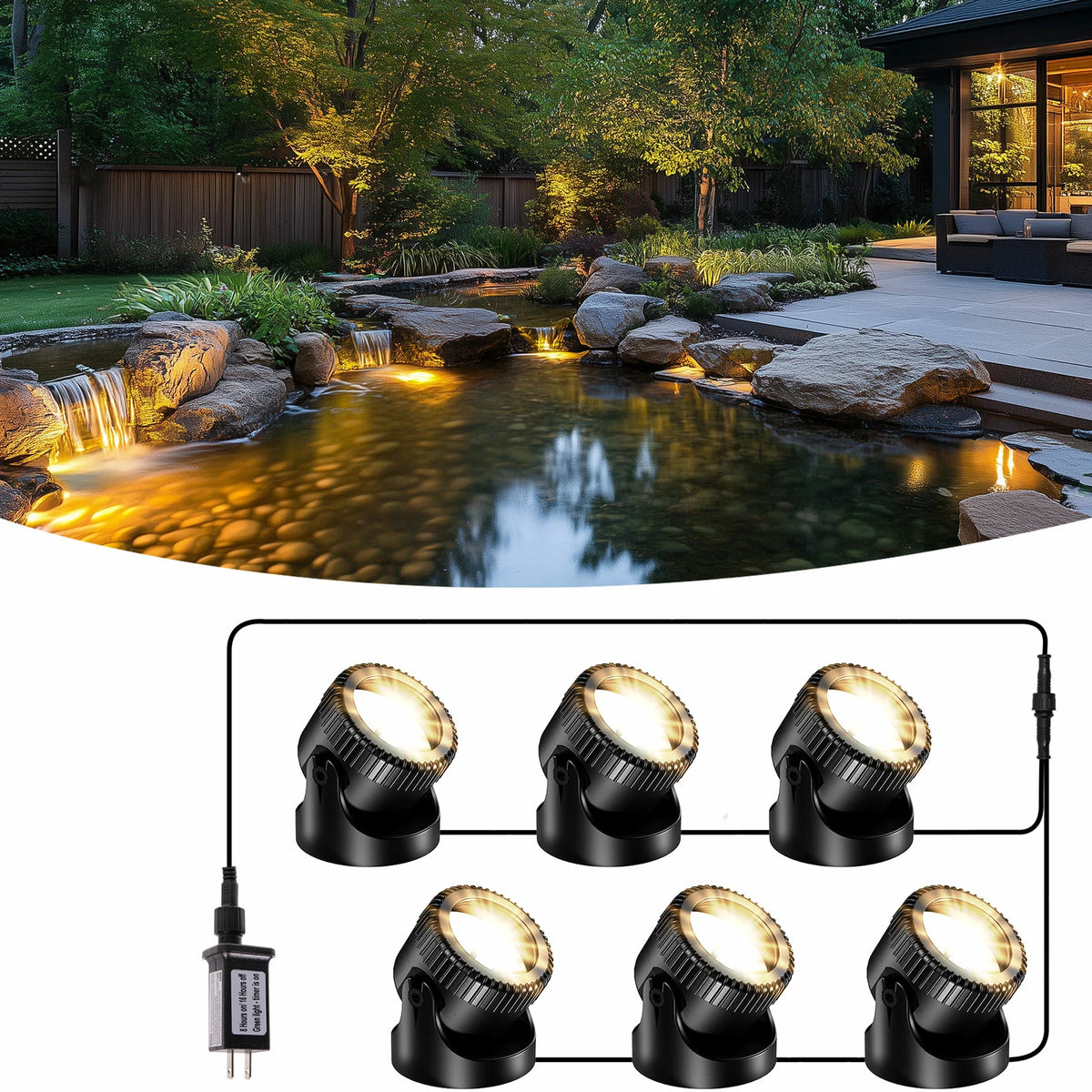 6-Head Warm White LED Pond Lights IP68 | Fish Pond Lights