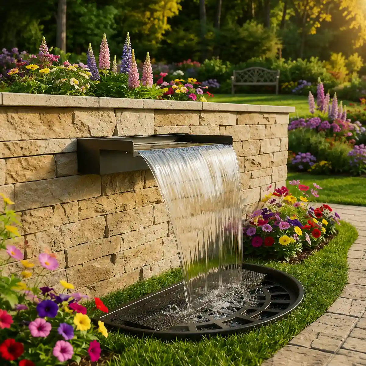 Embedded waterfall rock water feature