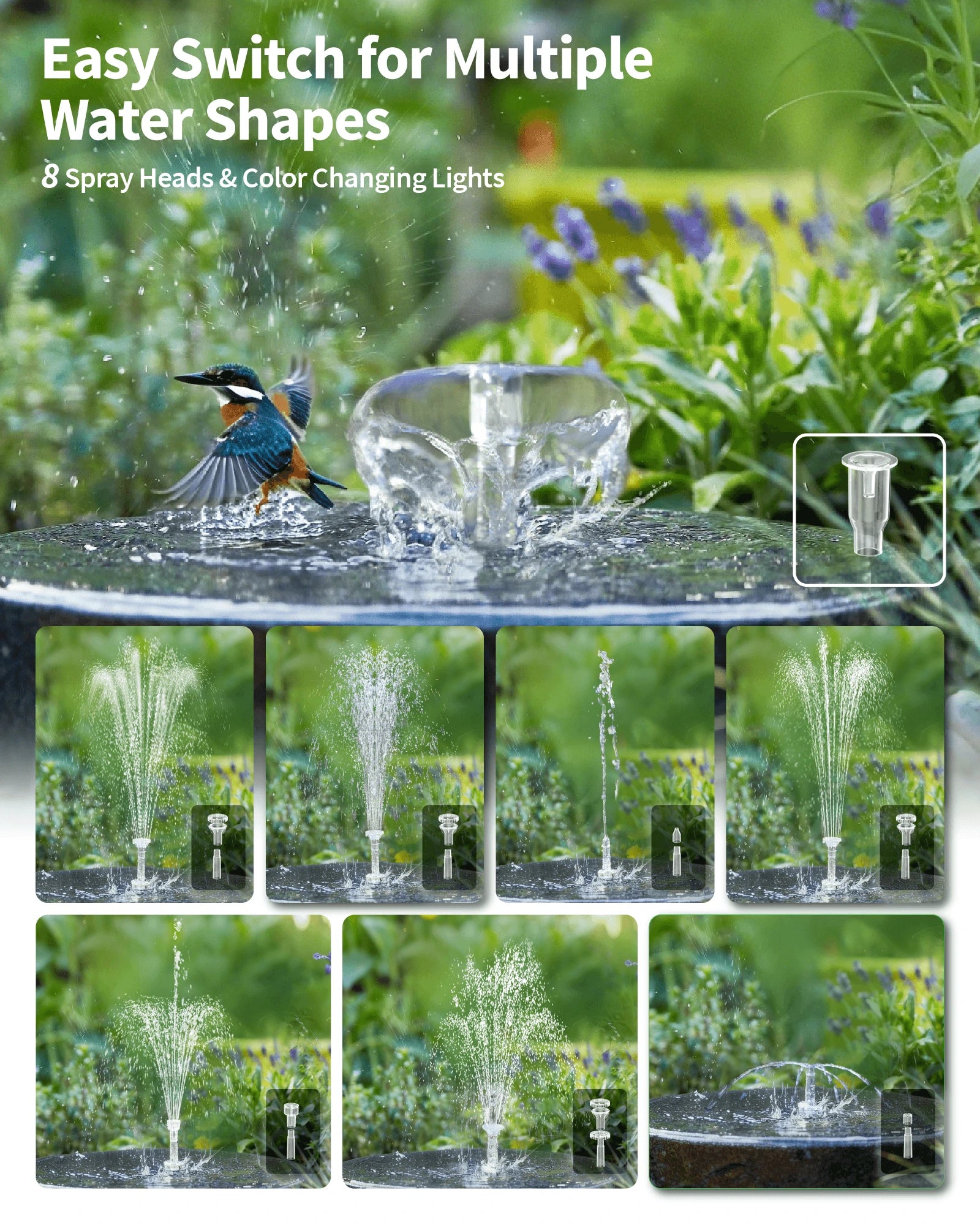 8W Solar Water Fountain Pump with Battery & Light