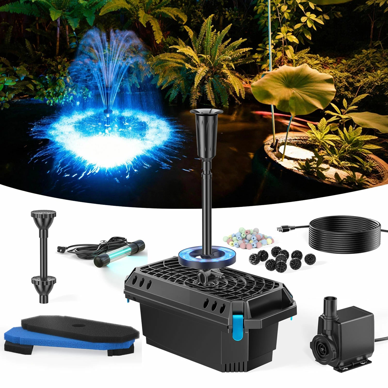 PF326 40W 660GPH Pond Filter Fountain with Light (UV Light & Remote Control)