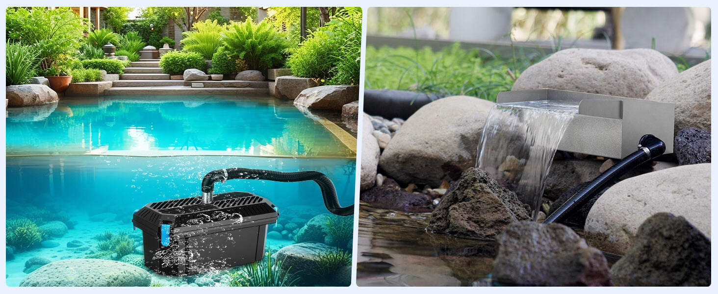 Complete Pond Waterfall Kit with Pump and Filter System, 304 Stainless Steel Waterfall Spillway, 40W 660GPH Pump, Filter Box for Garden Pond