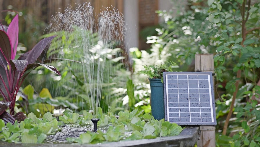 Small pond water feature using a compact solar fountain kit