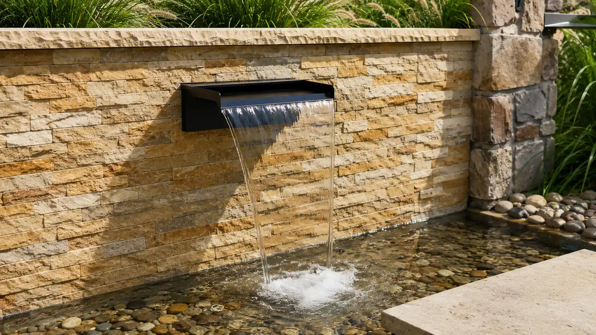 Modern patio waterfall spout mounted on stacked stone wall, cascading clear water into a pebble-lined backyard pond surrounded by natural greenery.