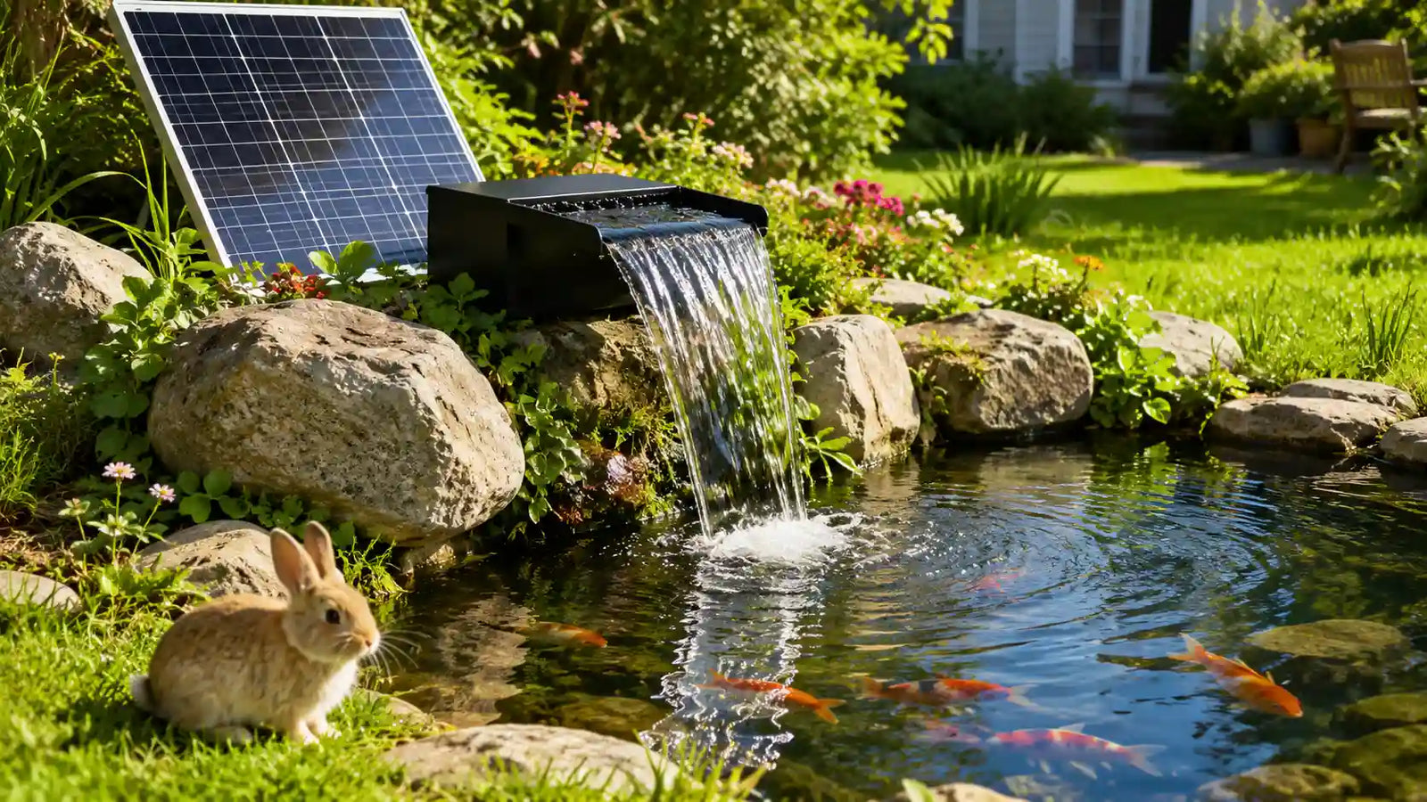 Solar power waterfall set atop natural boulders, perfect for koi fish backyard ponds with wildlife-friendly landscape.