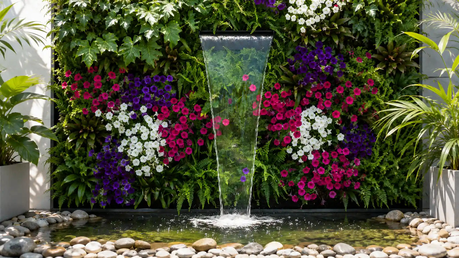 Waterfall kit surrounded by lush colorful flowers, creating a tranquil garden sanctuary with smooth cascading water curtain.