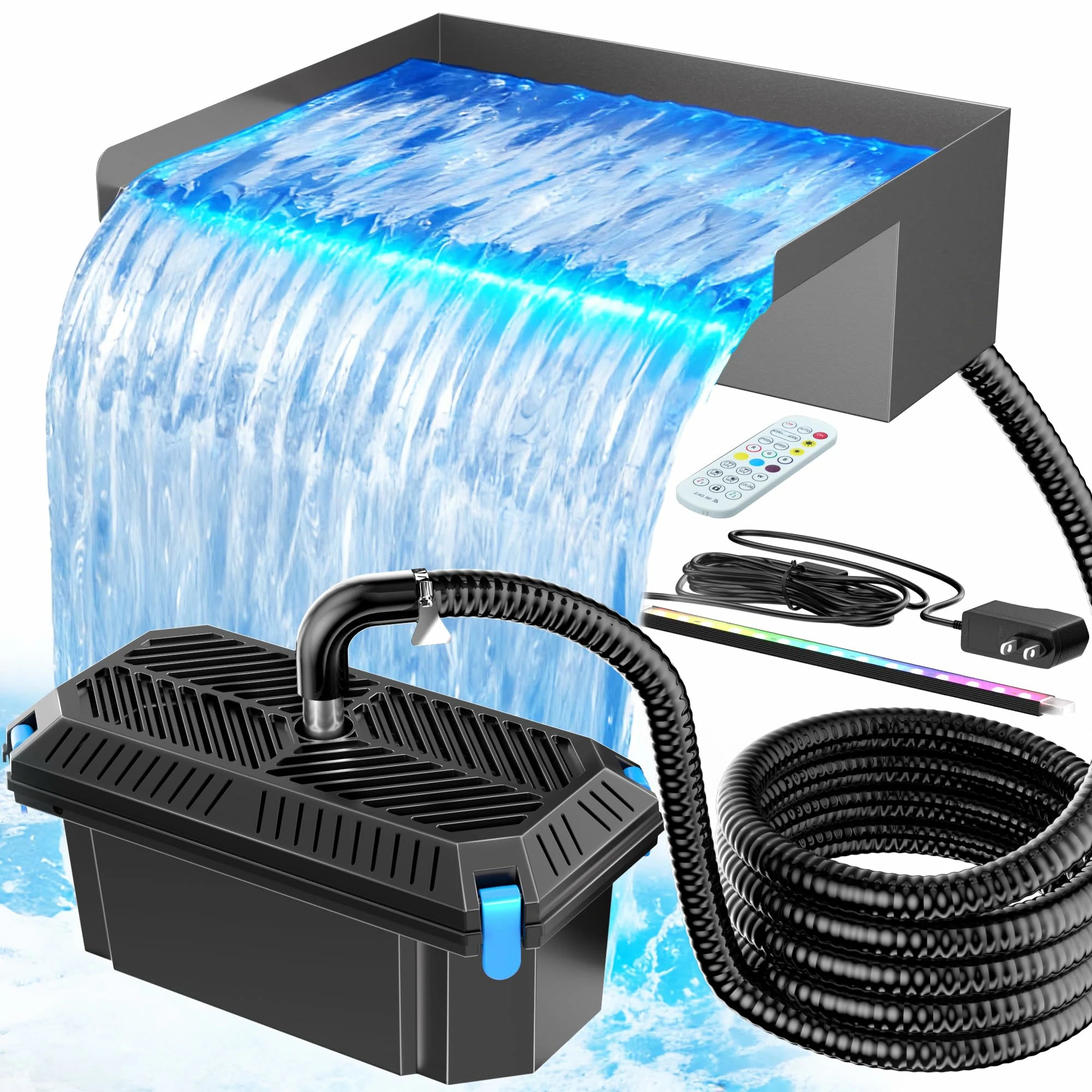 40W 660GPH Waterfall Pump Kit with 12" Spillway & Pond  Filter (LED)