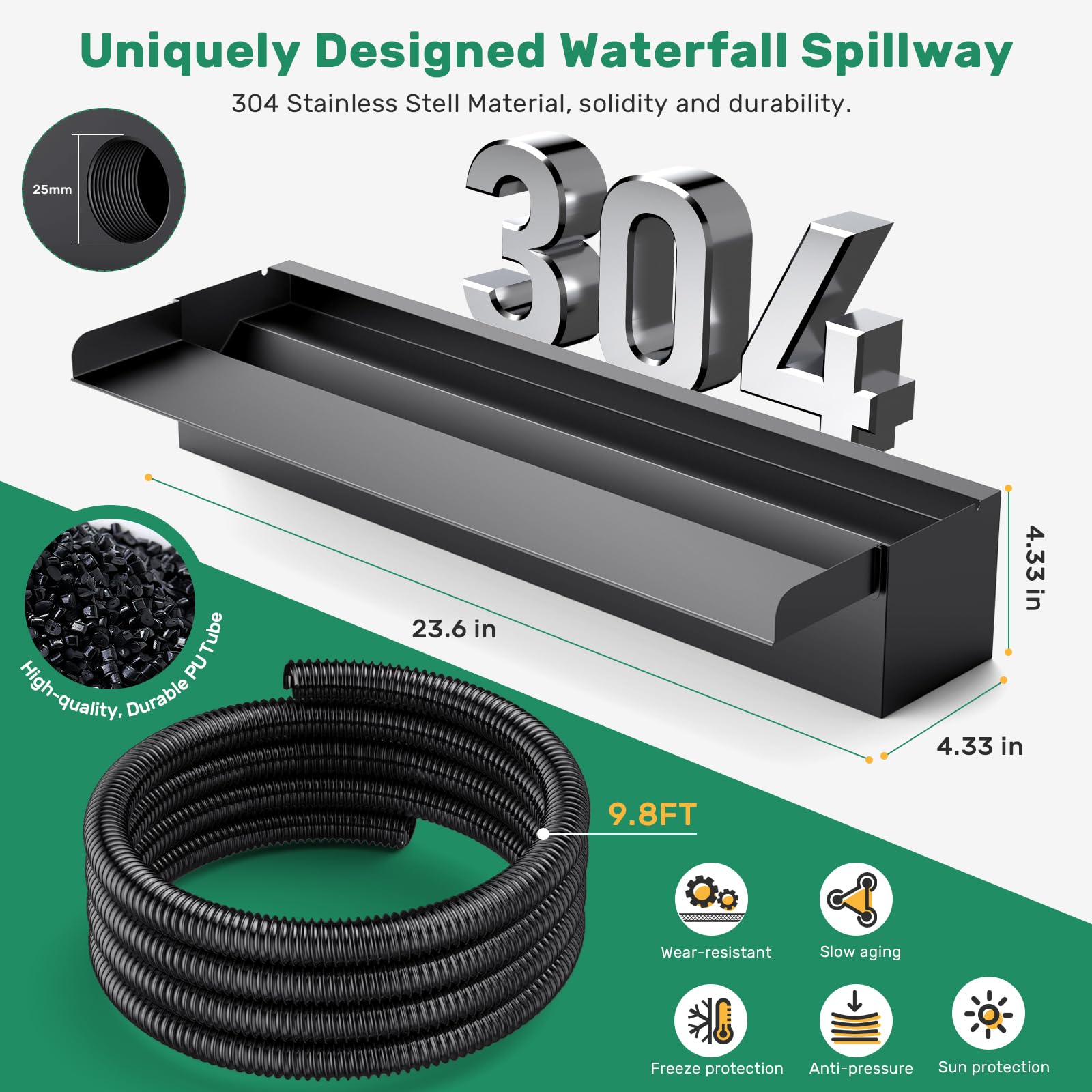 80W 1200GPH Electric Waterfall Pump Kit with 24"x4.3" Spillway (LED)