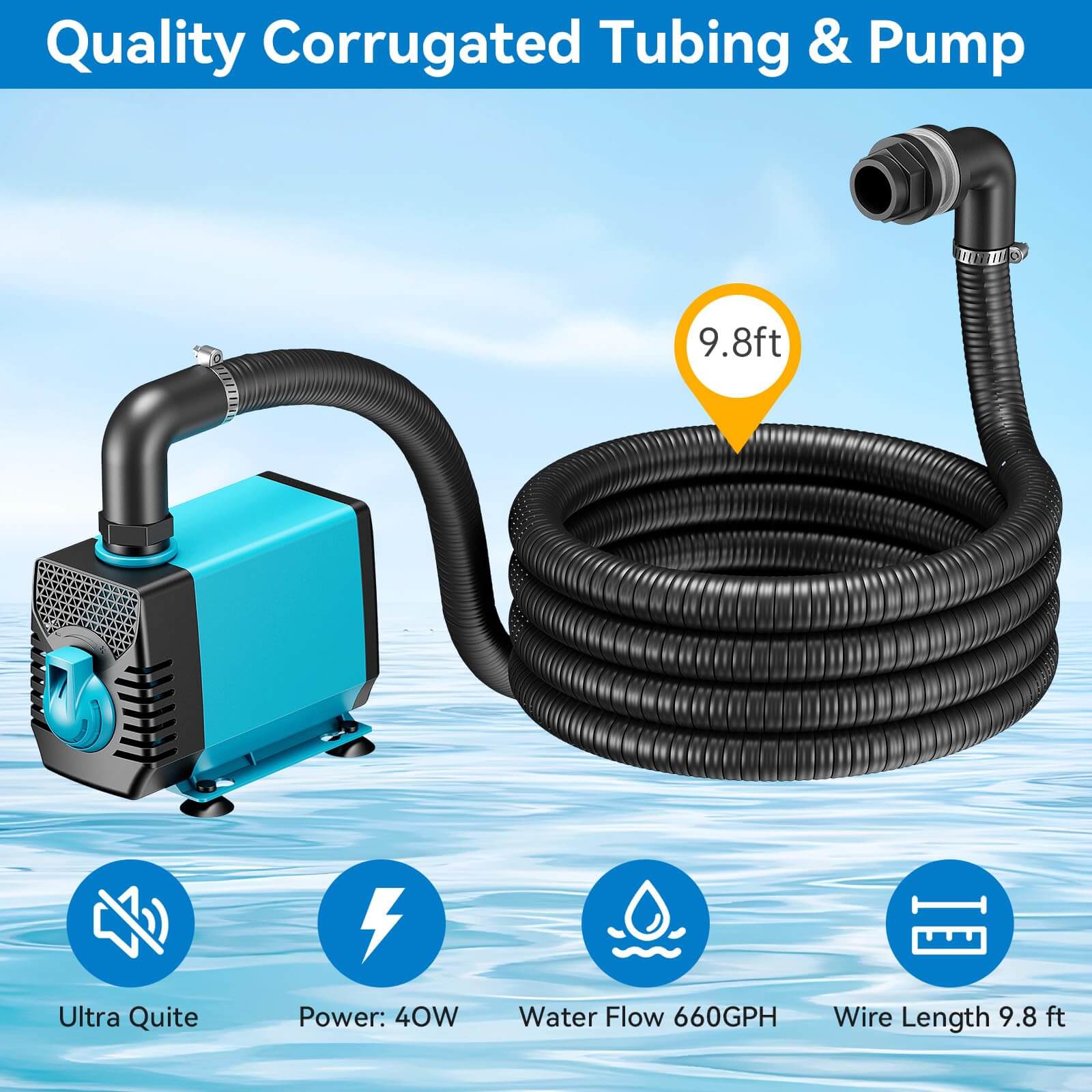 40W 660GPH Electric Waterfall Pump Kit with 8"x4.3" Spillway