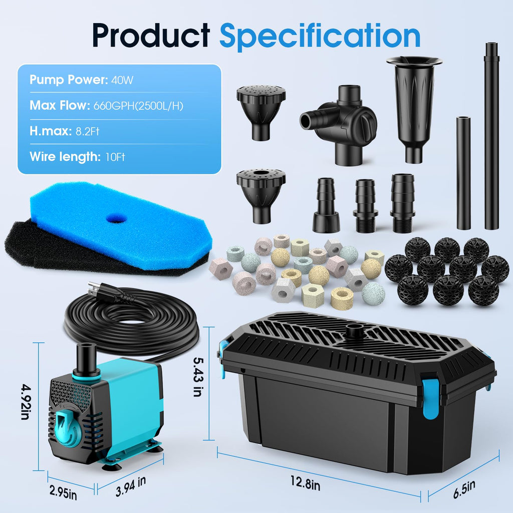 40W 660GPH AC Pond Filtration & Fountain Kit Package Included