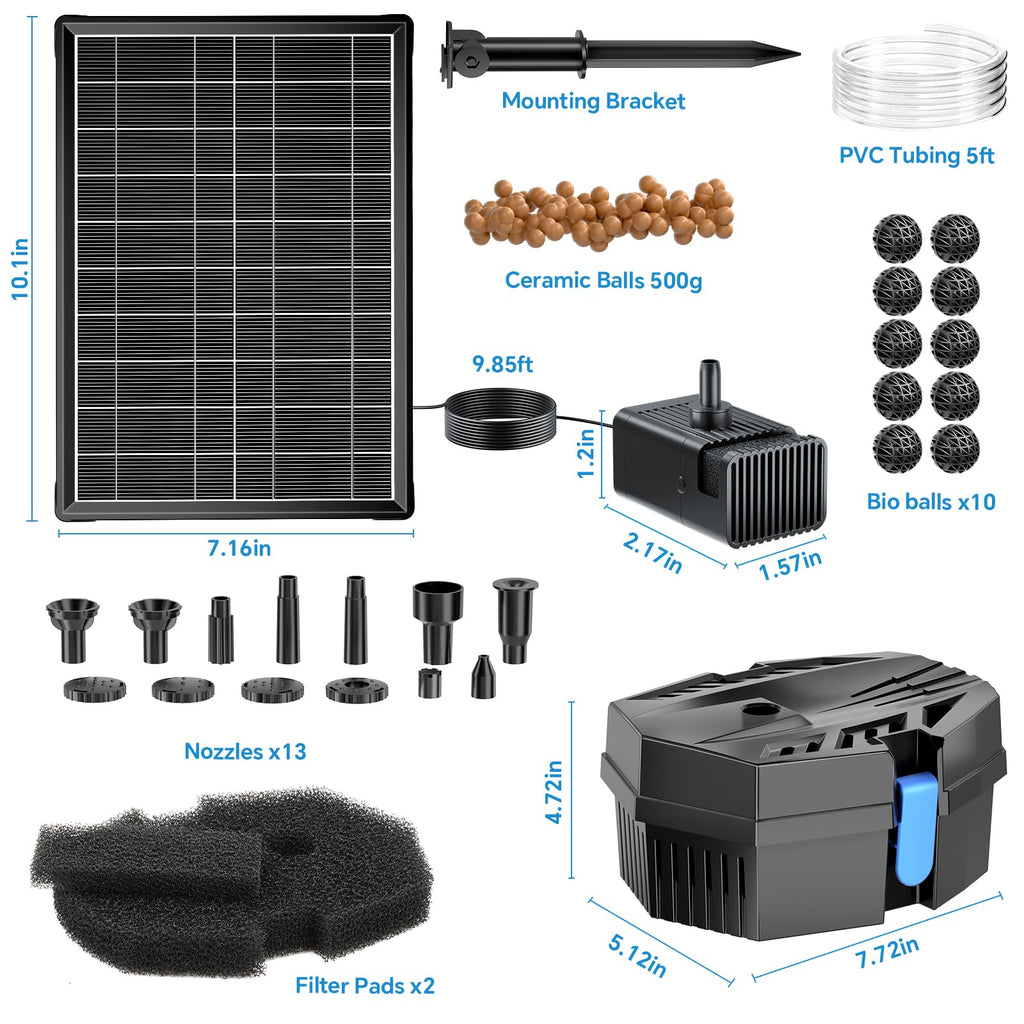 8W 80GPH Solar Pond Filter & Fountain Kit with 3000mAh Battery Backup Package Included