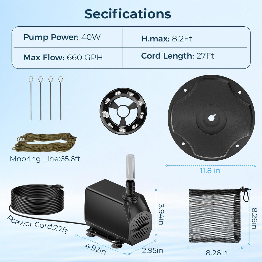 45W 660GPH Floating Fountain with LED Lights Package Included