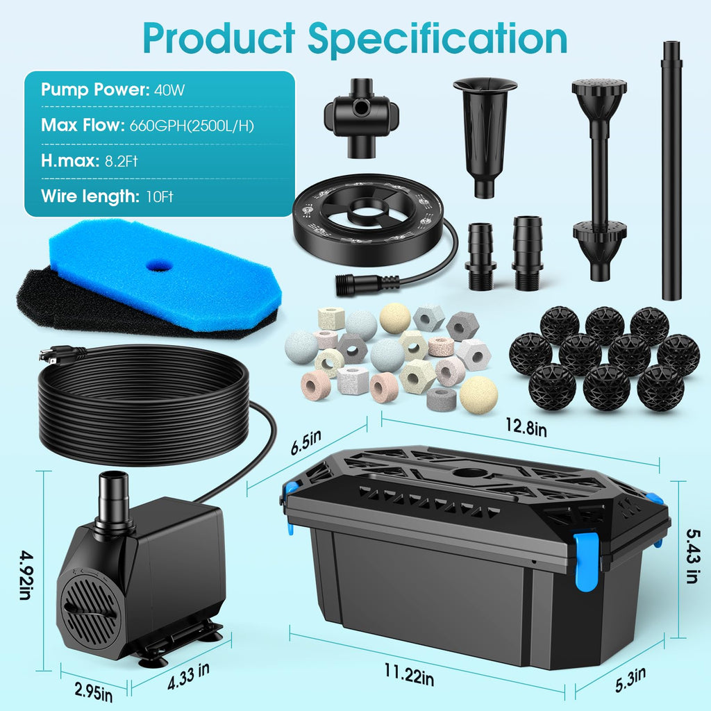 40W 660GPH AC Pond Filtration & Fountain Light Kits Package Included