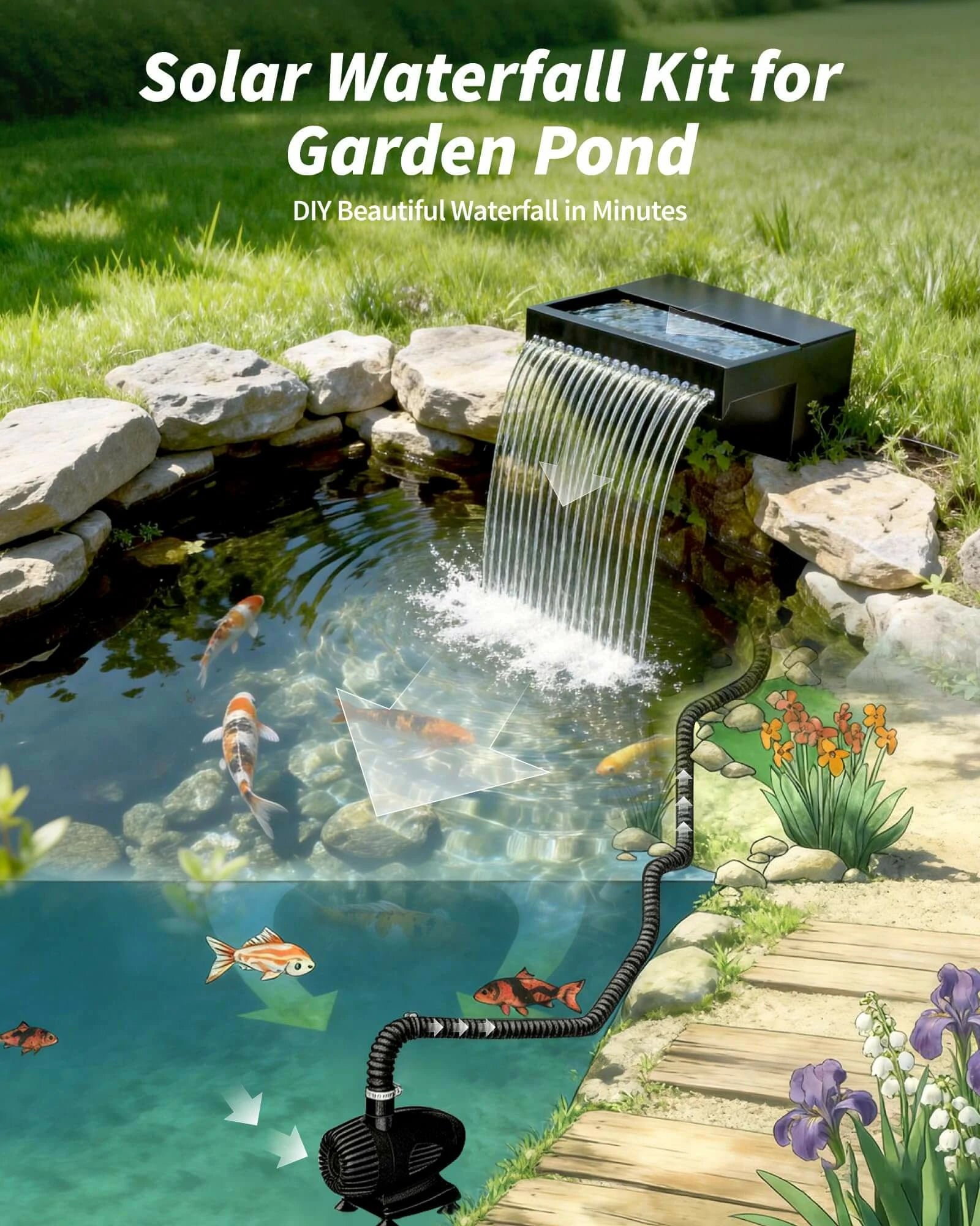 70W 680GPH Solar Waterfall Pump Kit with 12" Spray Spillway