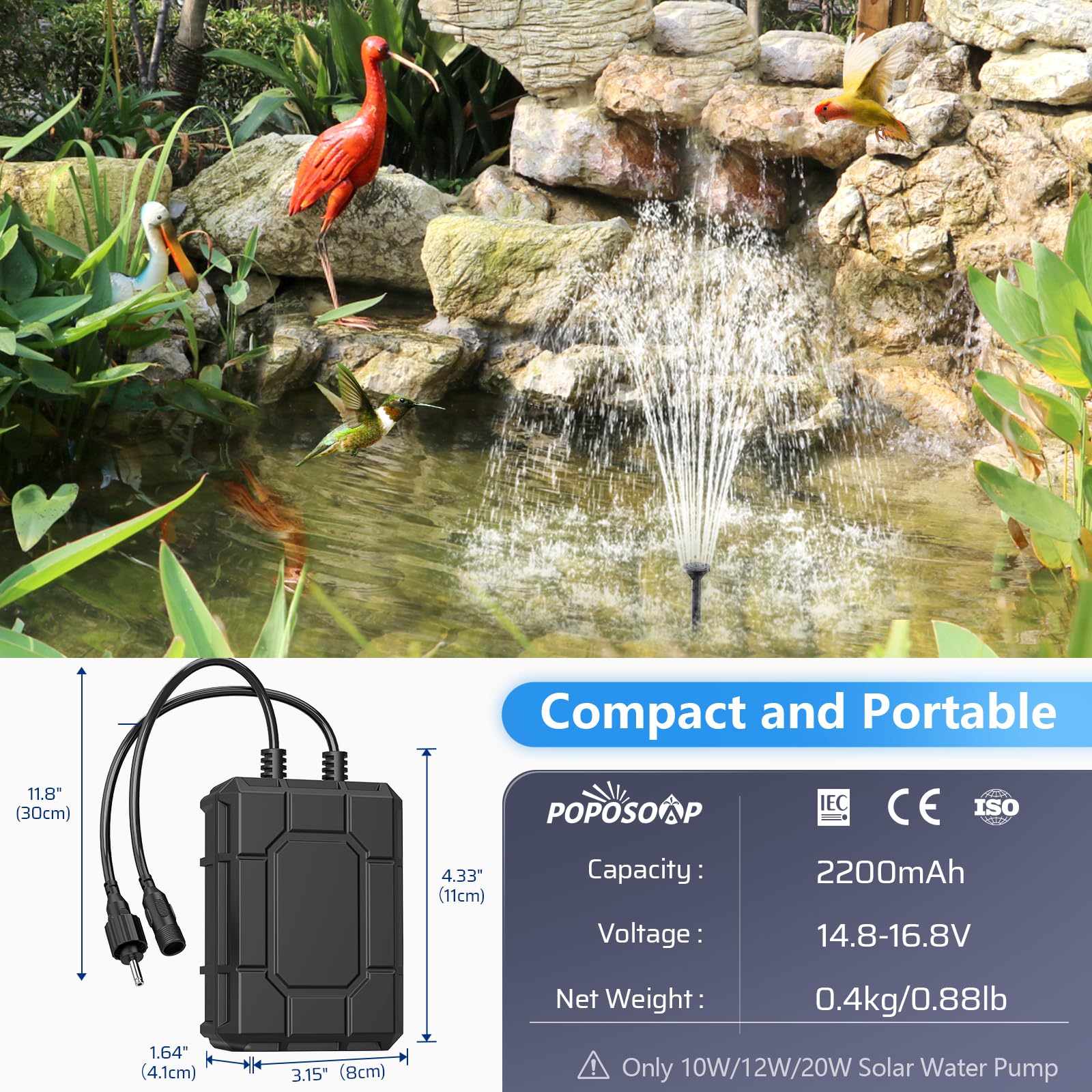 2200mAh Battery Backup for 10W/12W/20W Solar Fountain Pump