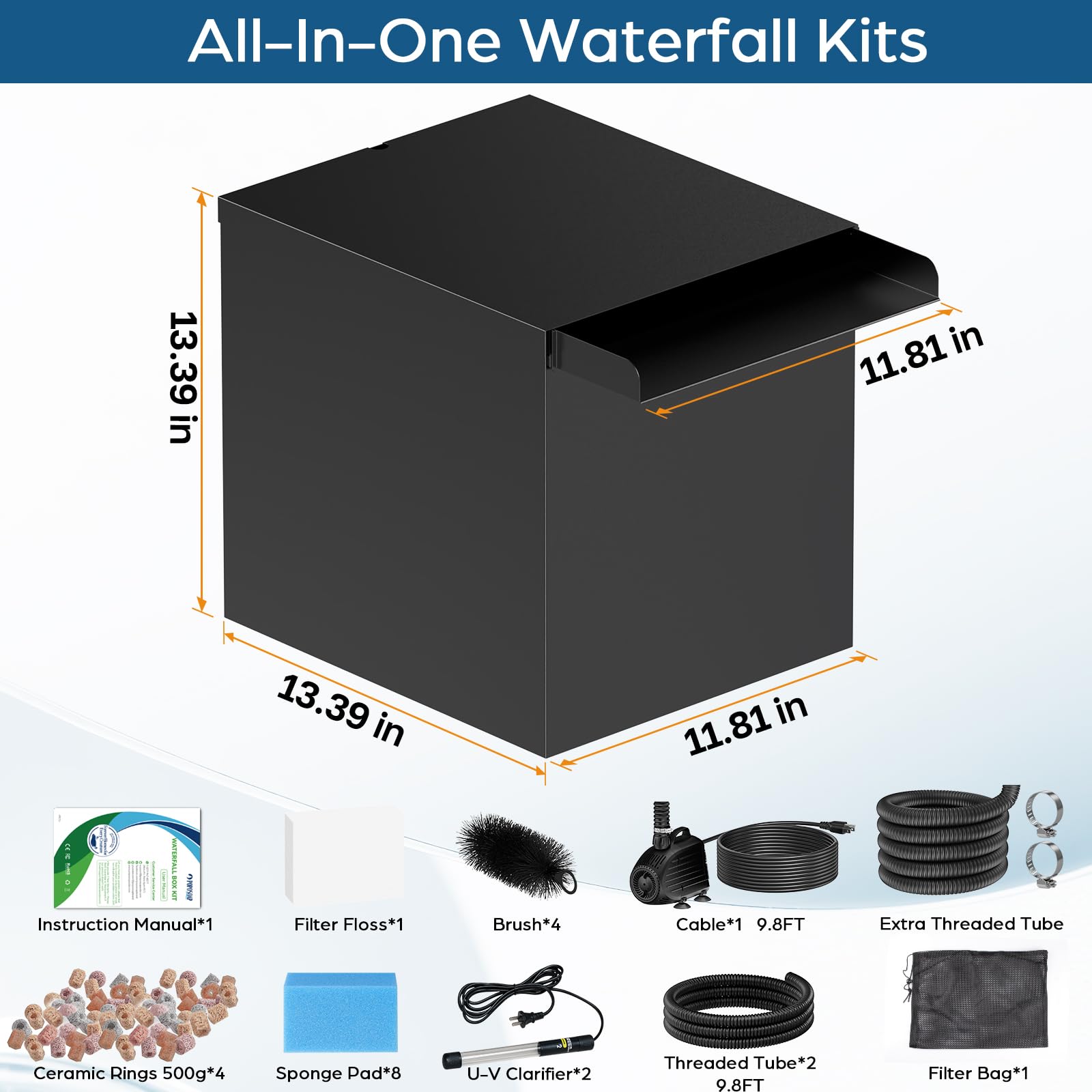 80W 1200GPH Electric Waterfall Pump Kit with 12"x13.4"x13.4" Spillway