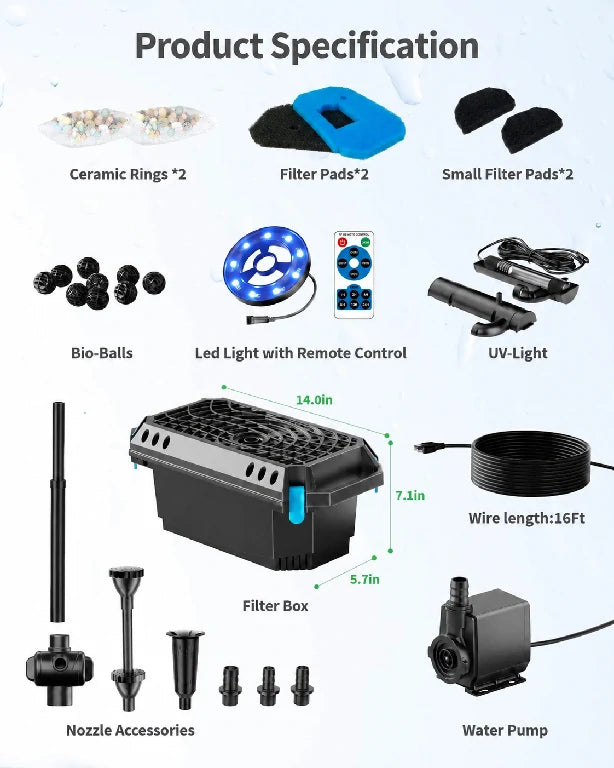 PF360 660GPH Pond Filter Fountain with Light (UV Light & Remote Control)
